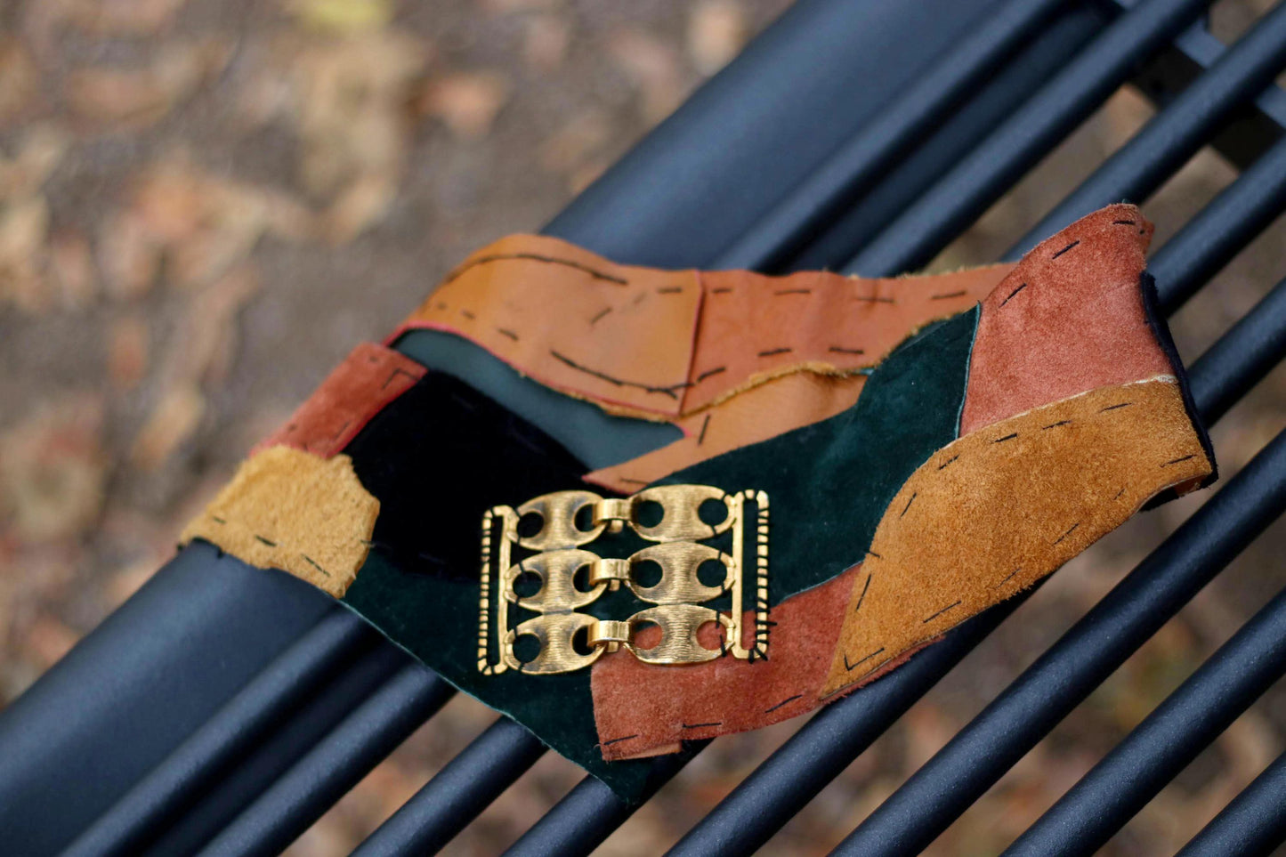 70s Patchwork Suede Belt| Vintage Handmade Brown and Green Boho Belt | Women's Hippy Belt
