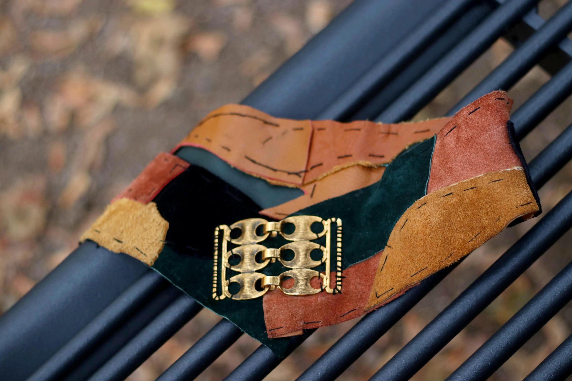 70s Patchwork Suede Belt| Vintage Handmade Brown and Green Boho Belt | Women's Hippy Belt