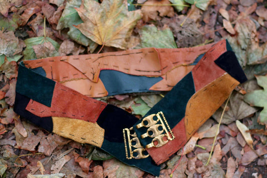 70s Patchwork Suede Belt| Vintage Handmade Brown and Green Boho Belt | Women's Hippy Belt