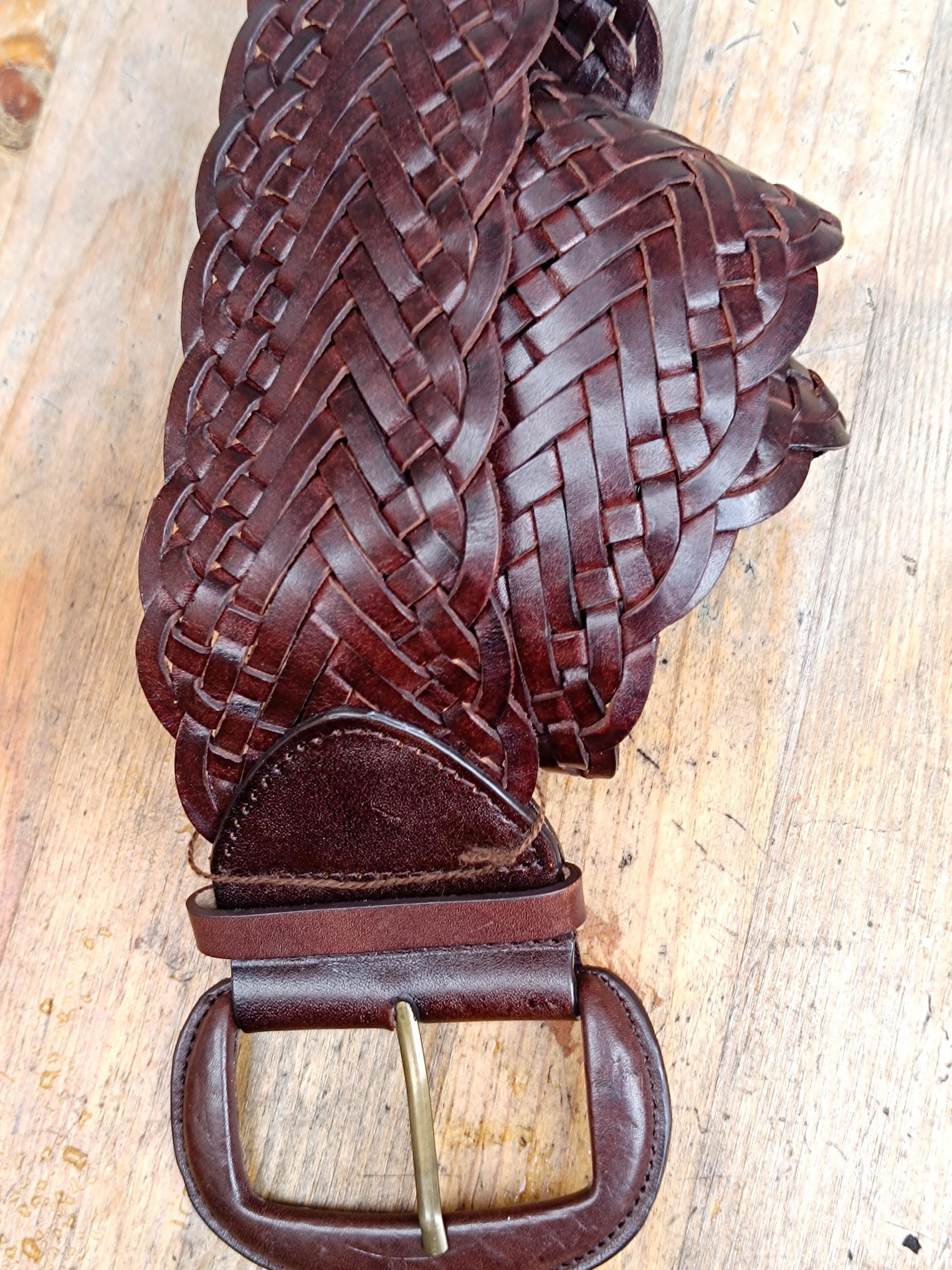 y2k Brown Woven Leather Belt | Vintage Bohemian Belt | Minimalist Oversized Women's Belt