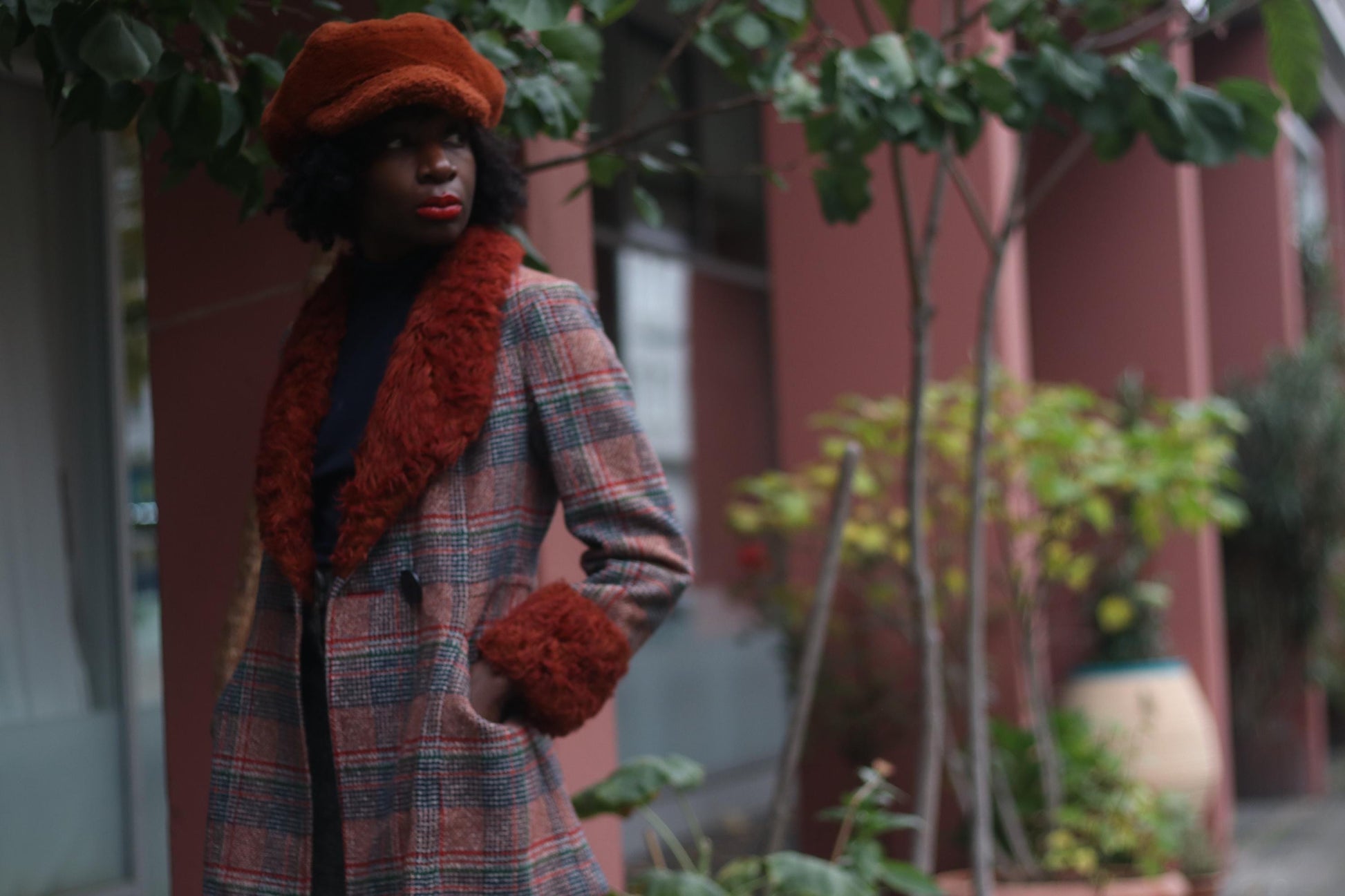 70s Gil Bret Jacket| Vintage Faux Fur Wool Blend Jacket| Women's Checkered Retro Red Winter Coat |