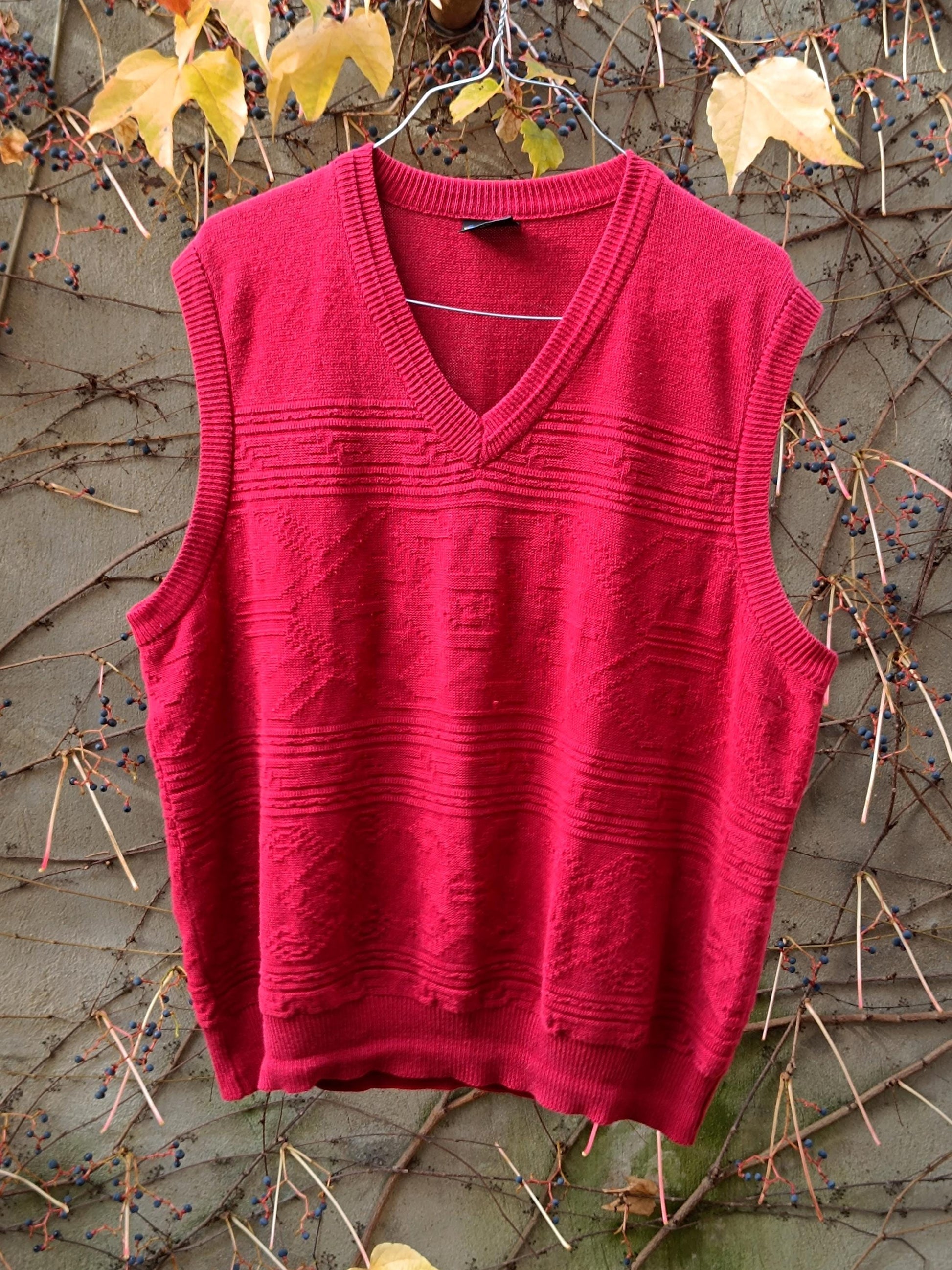 90s Red Vest | Vintage Women's Minimalist V-neck Vest| Collegiate Chic Wool Blend Sleeveless Unisex Vest