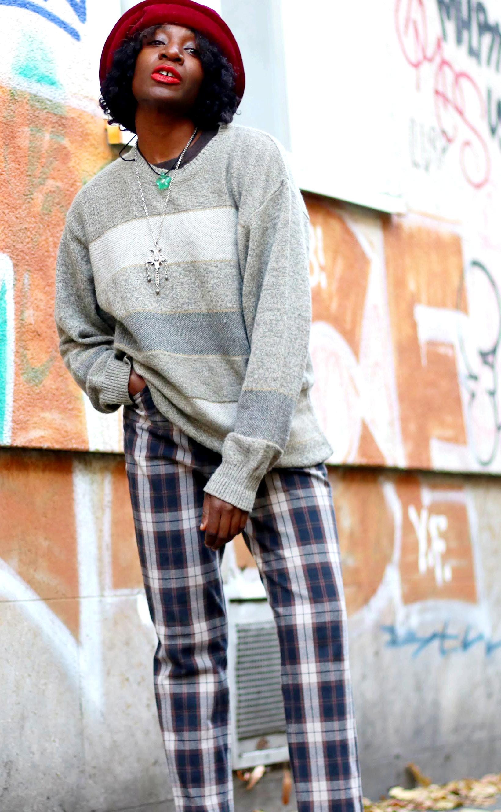 Vintage Zaffiri Plaid High Waisted Pants| 9s0 Womens Checkered Gray Denim