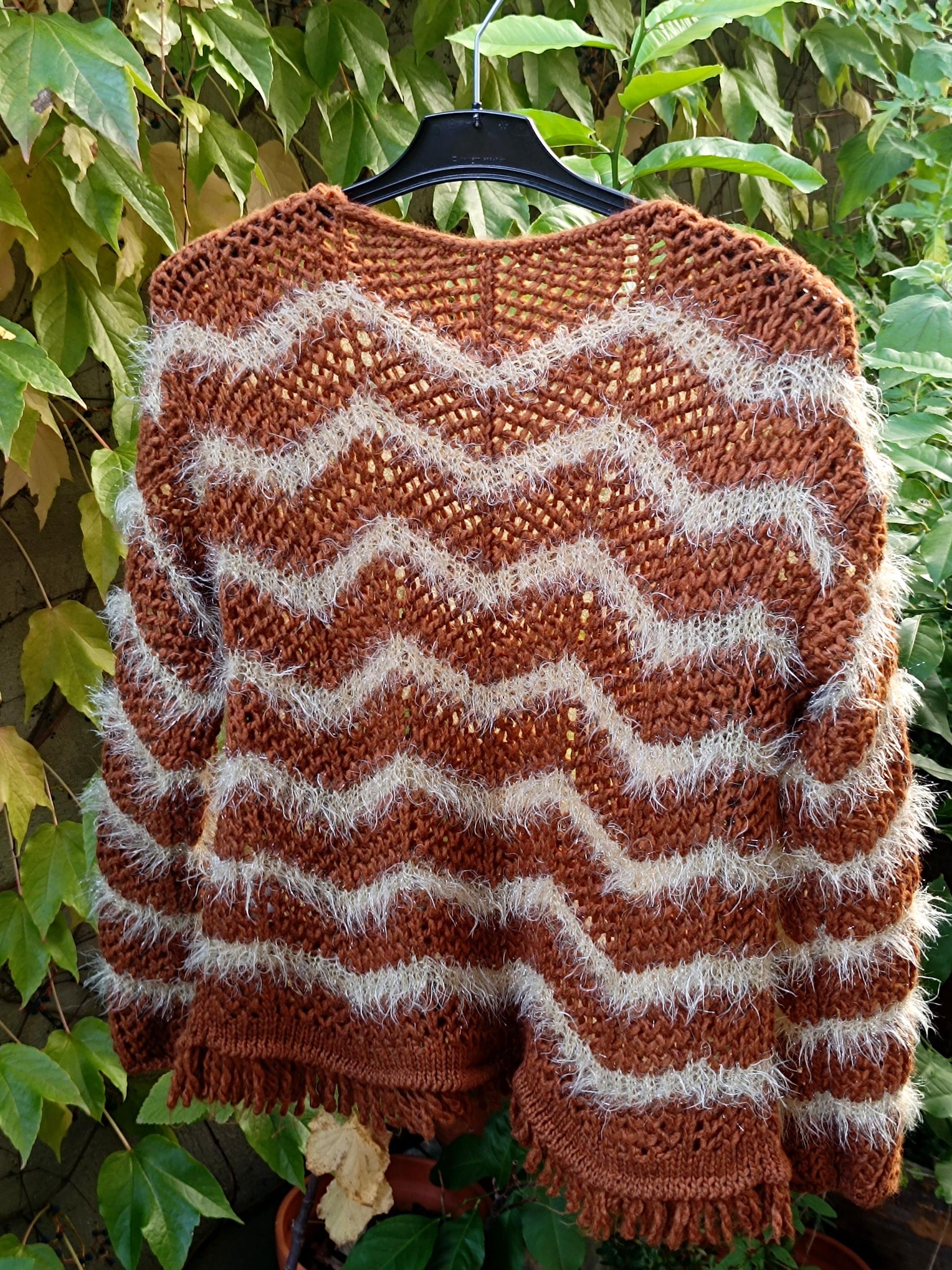 90s Fuzzy Chevron Sweater| Vintage Brown Boho Winter Knit| Long sleeved
