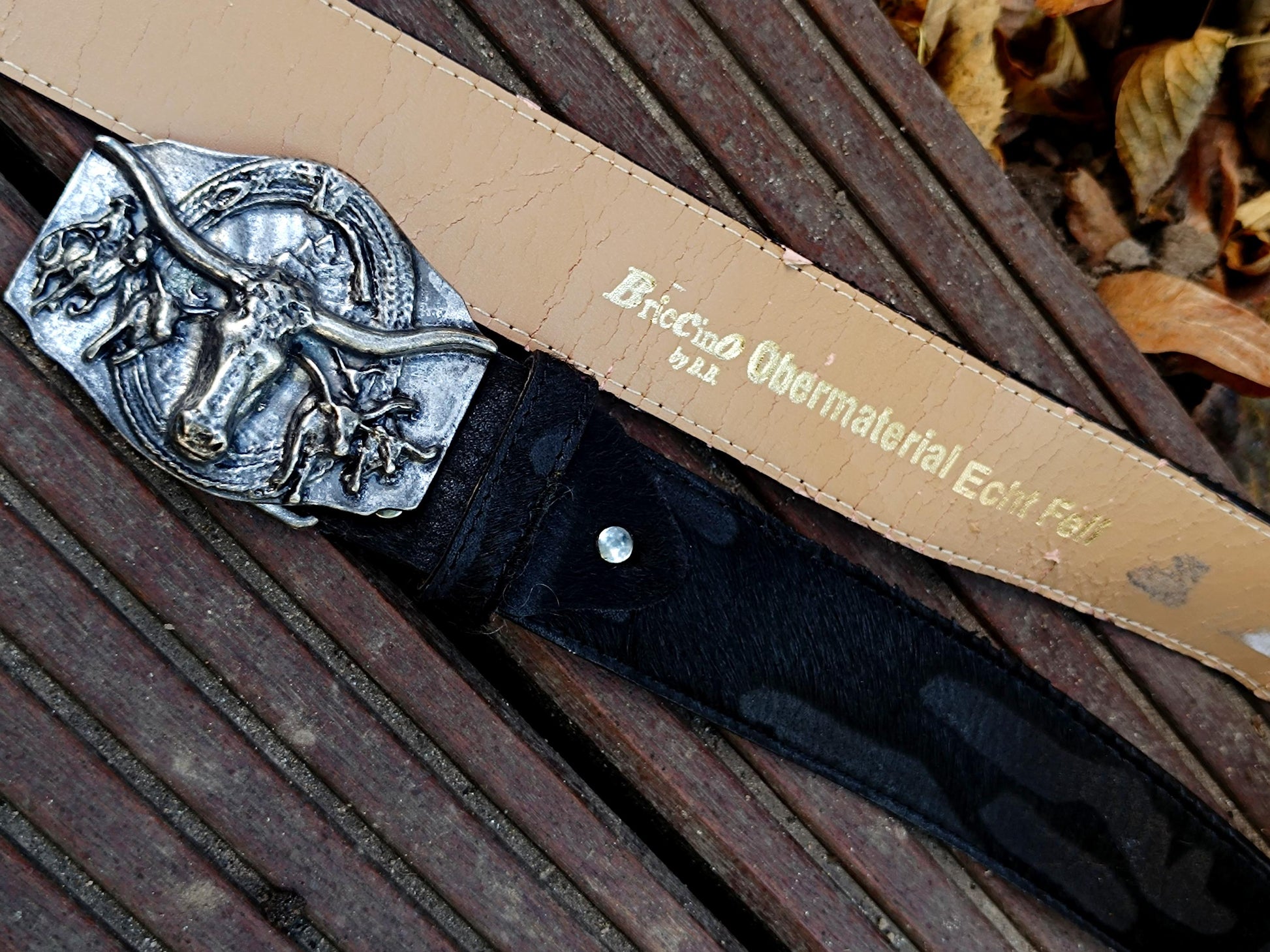 90s BricCino by B.B Fur Belt| Vintage Western Black Leather and Fur belt| Genuine Leather Cowboy Belt for Men| American Cowgirl Buckled