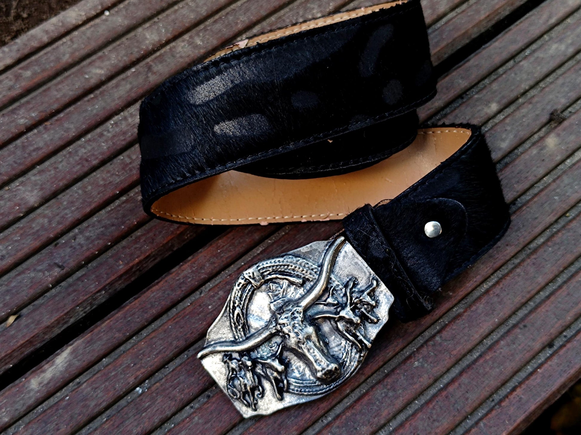 90s BricCino by B.B Fur Belt| Vintage Western Black Leather and Fur belt| Genuine Leather Cowboy Belt for Men| American Cowgirl Buckled