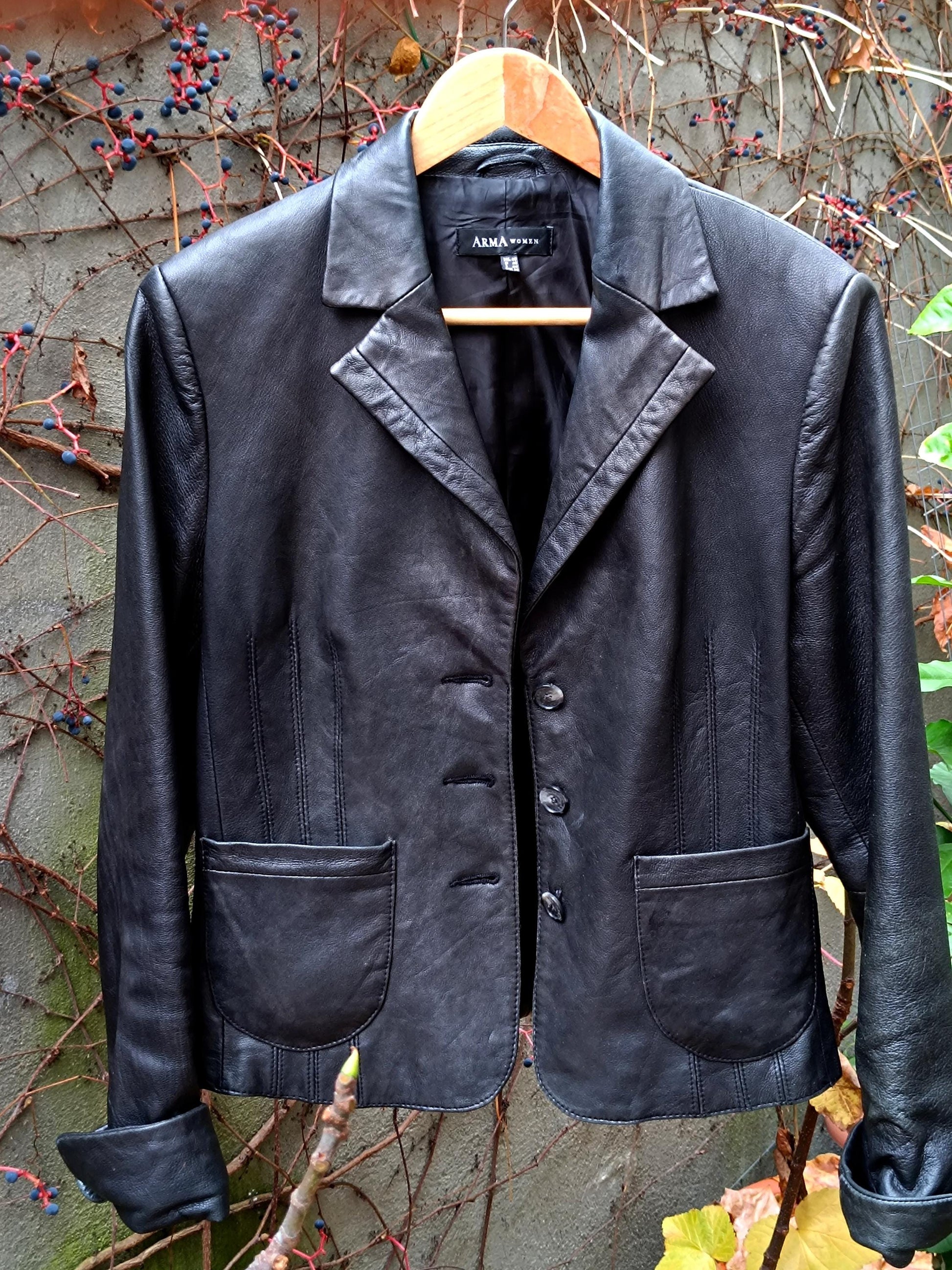 90s Arma Woman Leather Jacket | Vintage Minimalist Black Genuine Leather Jacket| Women's Sleek Leather Blazer