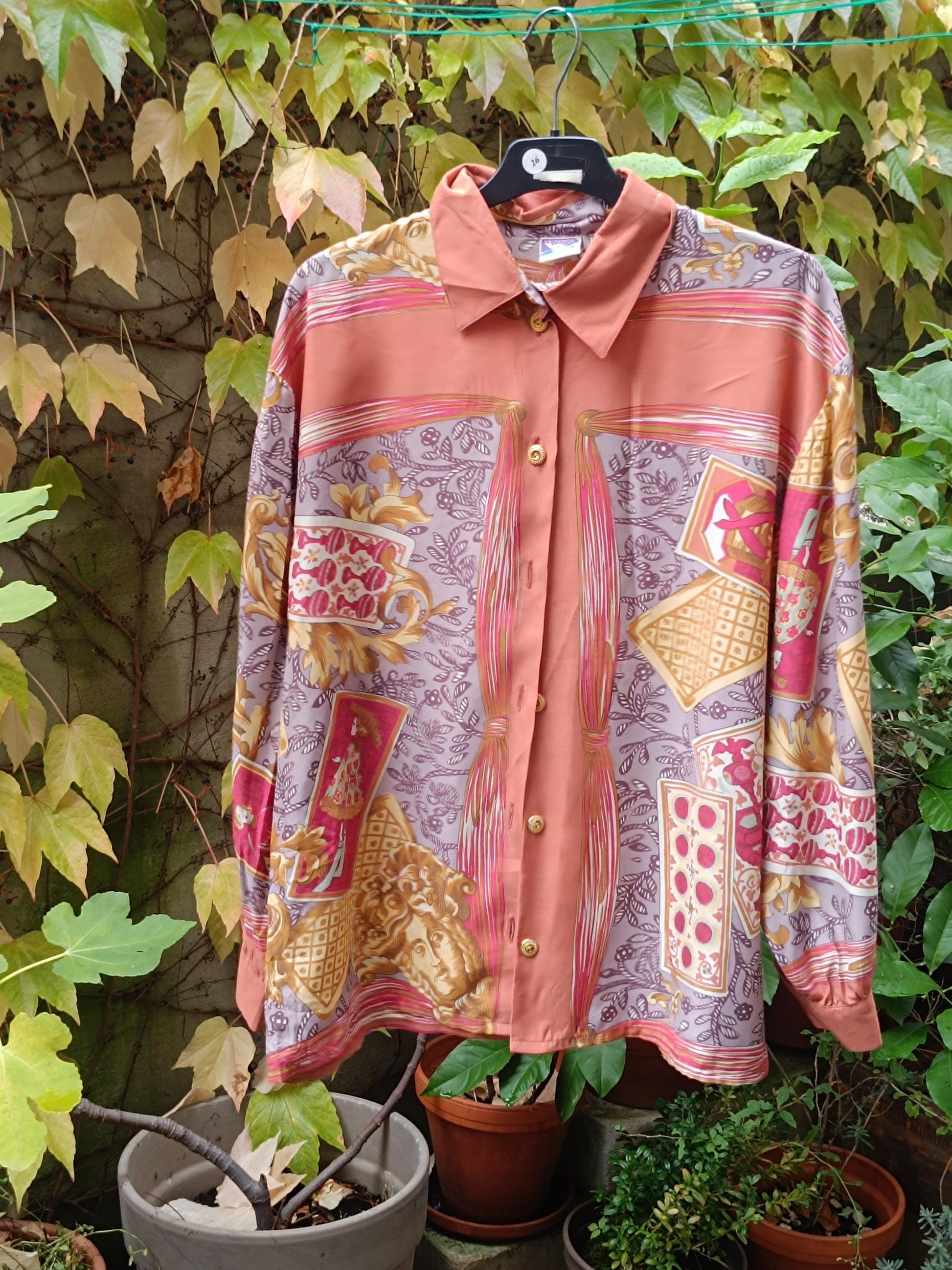 80s Crazy Print Blouse| Vintage Yessica Opulent Print Orange Buttoned Down Shirt | Women's Long Sleeved Shirt