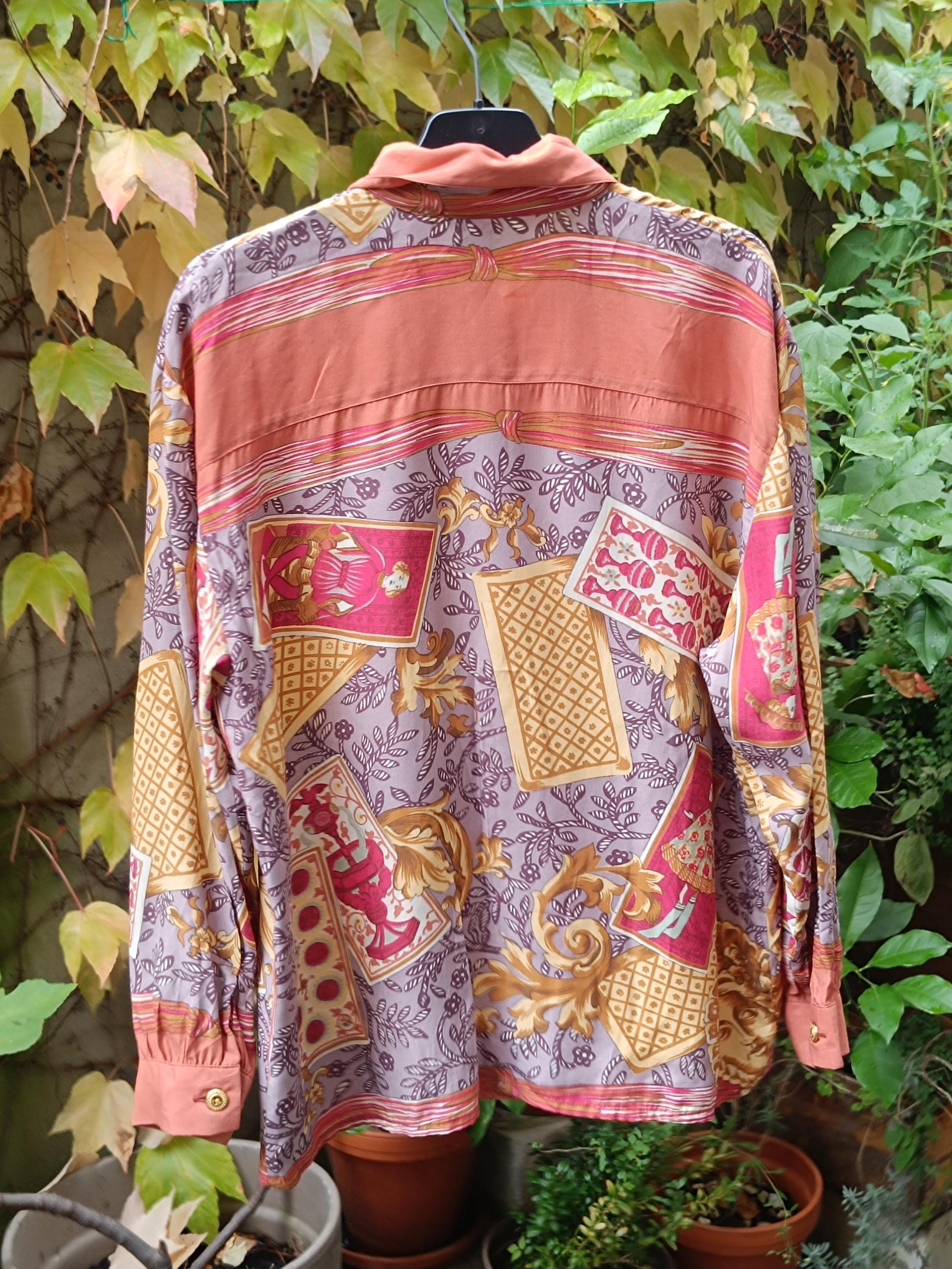 80s Crazy Print Blouse| Vintage Yessica Opulent Print Orange Buttoned Down Shirt | Women's Long Sleeved Shirt