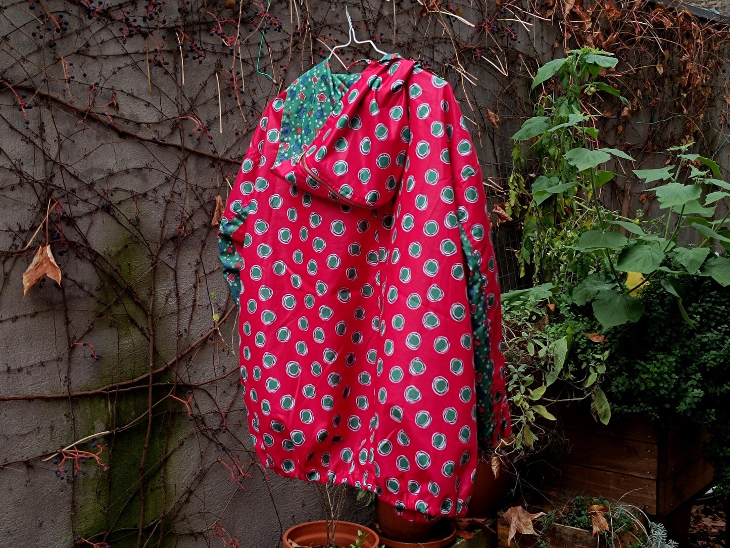 Vintage Crazy Print Jacket| 90s Sporty Polka Dot Parka| Red Windbreaker