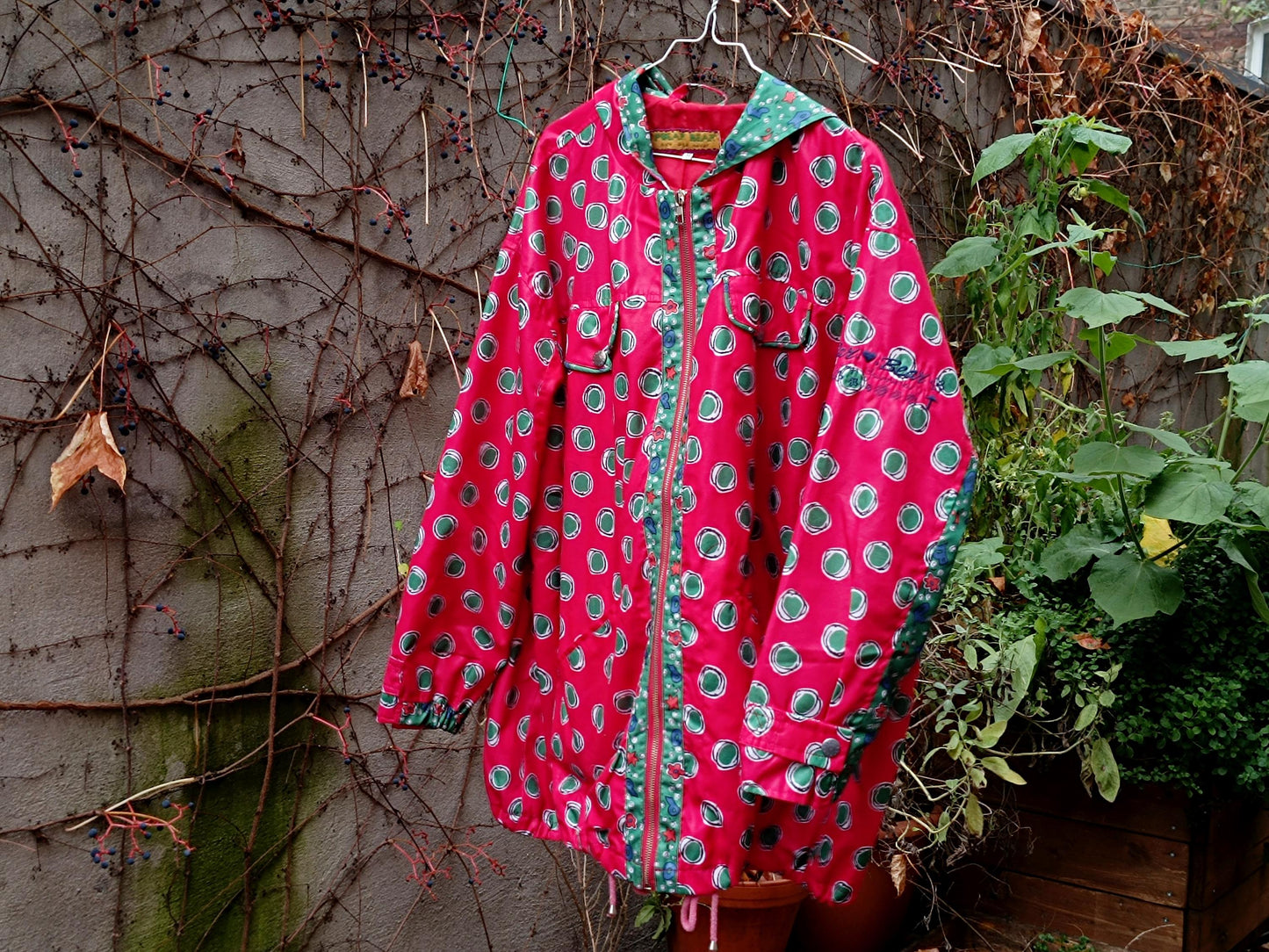 Vintage Crazy Print Jacket| 90s Sporty Polka Dot Parka| Red Windbreaker