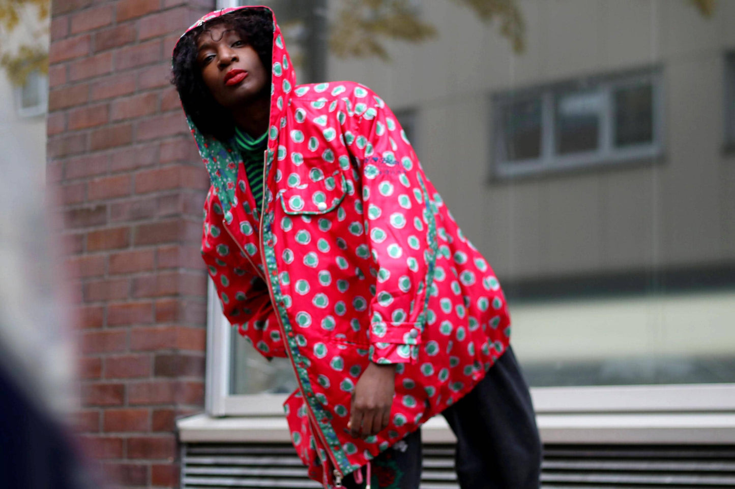 Vintage Crazy Print Jacket| 90s Sporty Polka Dot Parka| Red Windbreaker