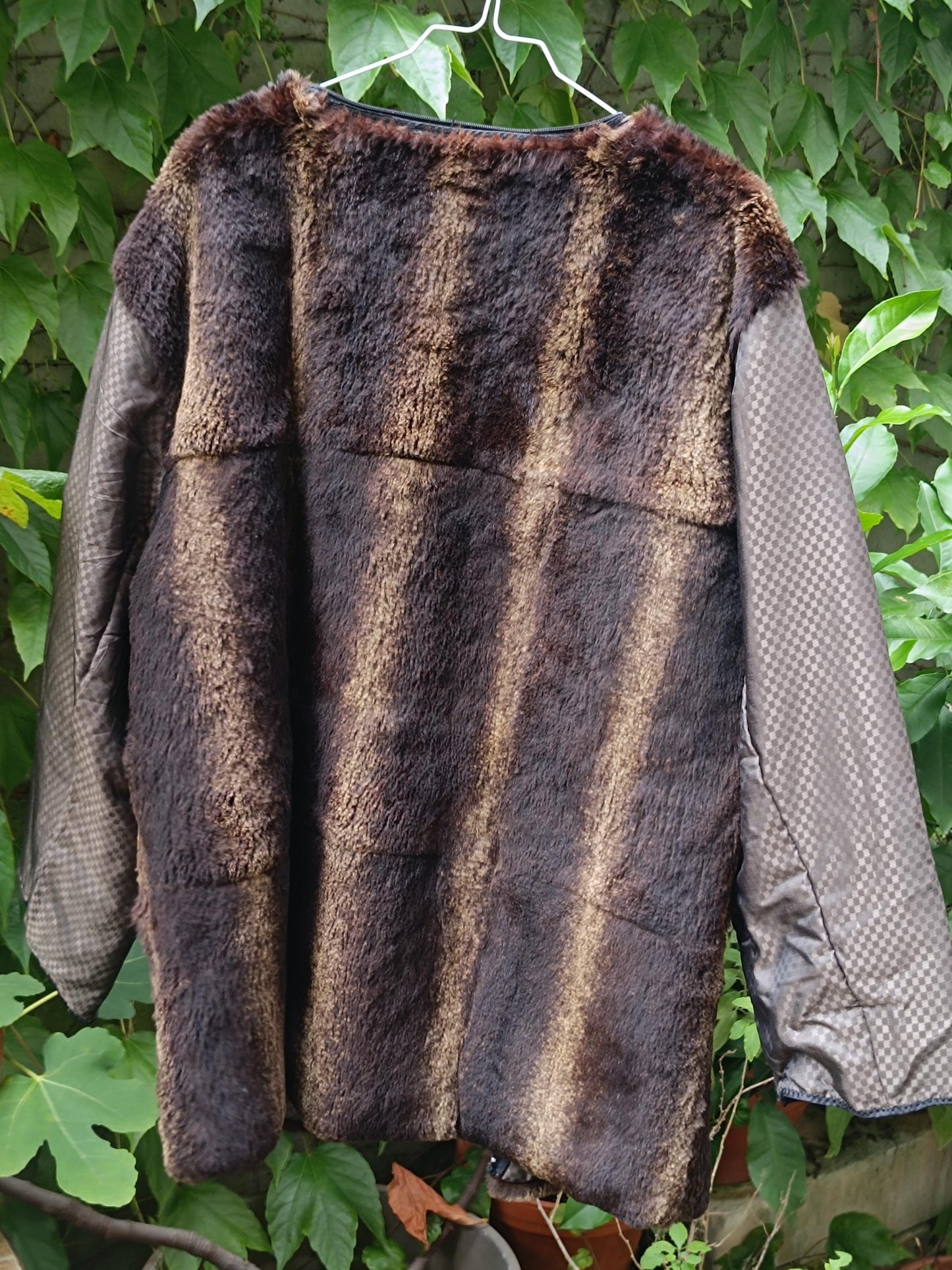 70s Fur and Fabric Winter Jacket | Vintage Mixed Media brown and grey Winter Coat| Women's cozy cardigan