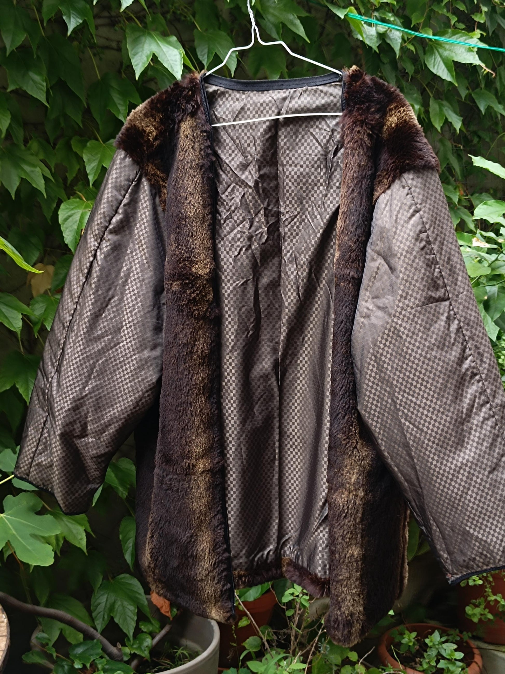 70s Fur and Fabric Winter Jacket | Vintage Mixed Media brown and grey Winter Coat| Women's cozy cardigan