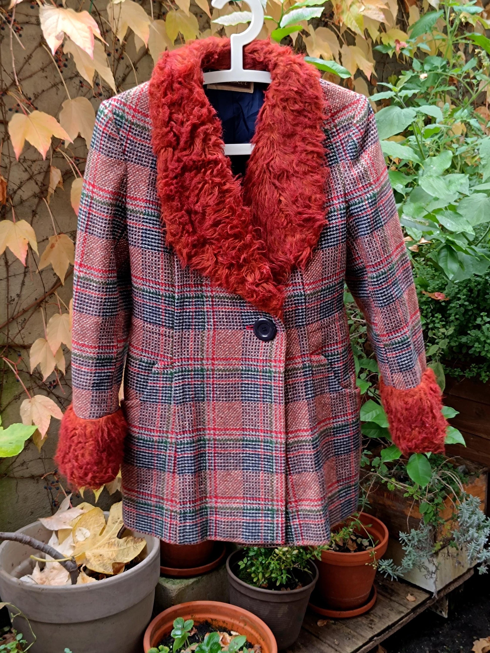 70s Gil Bret Jacket| Vintage Faux Fur Wool Blend Jacket| Women's Checkered Retro Red Winter Coat |