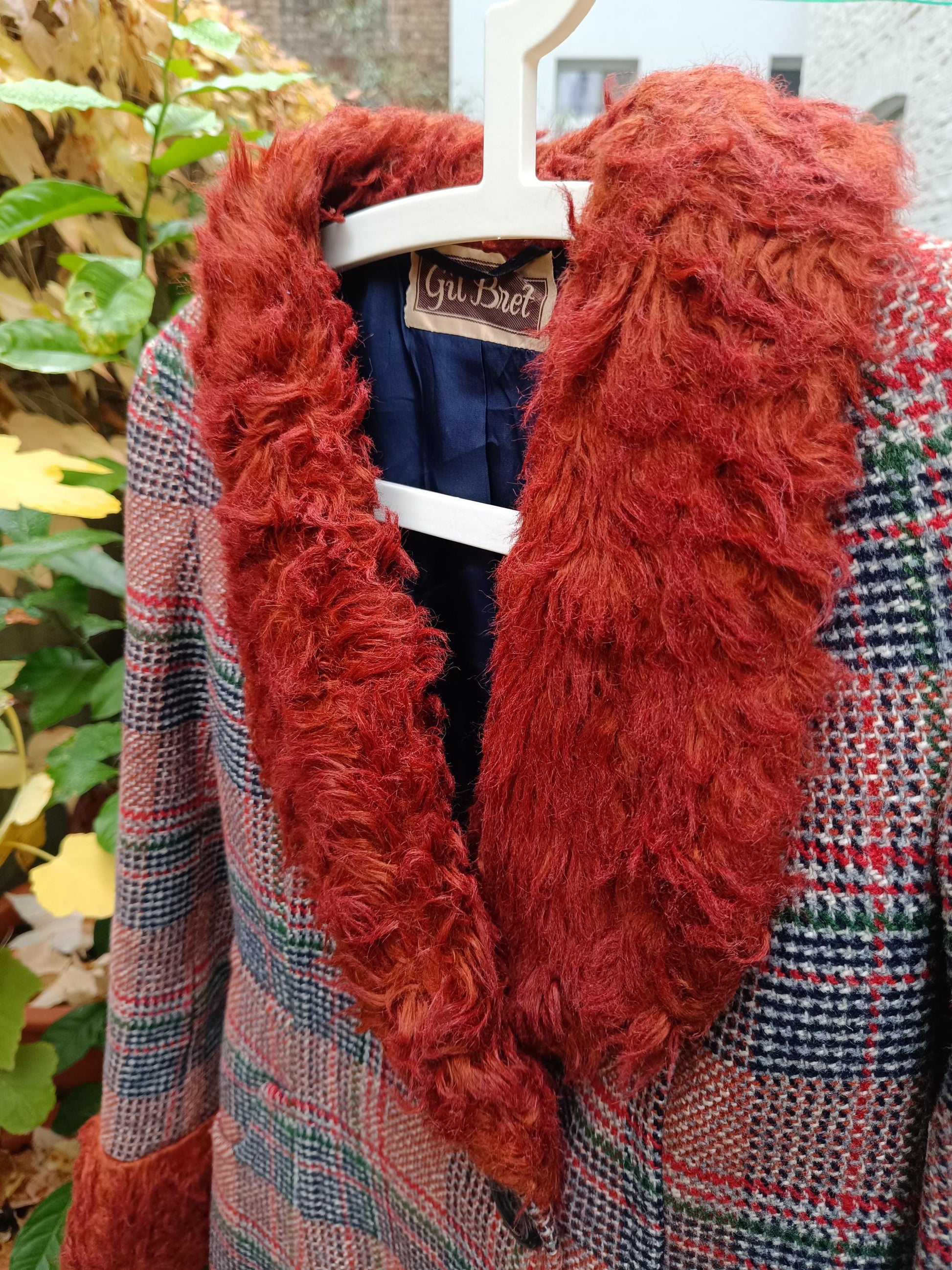 70s Gil Bret Jacket| Vintage Faux Fur Wool Blend Jacket| Women's Checkered Retro Red Winter Coat |