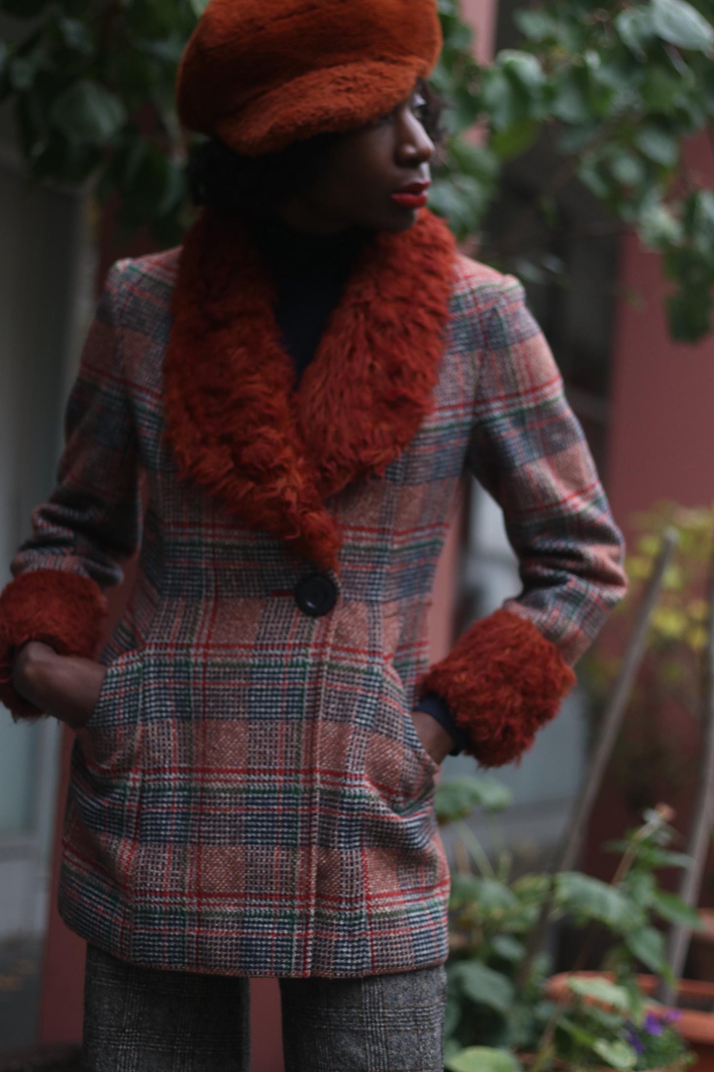 70s Gil Bret Jacket| Vintage Faux Fur Wool Blend Jacket| Women's Checkered Retro Red Winter Coat |