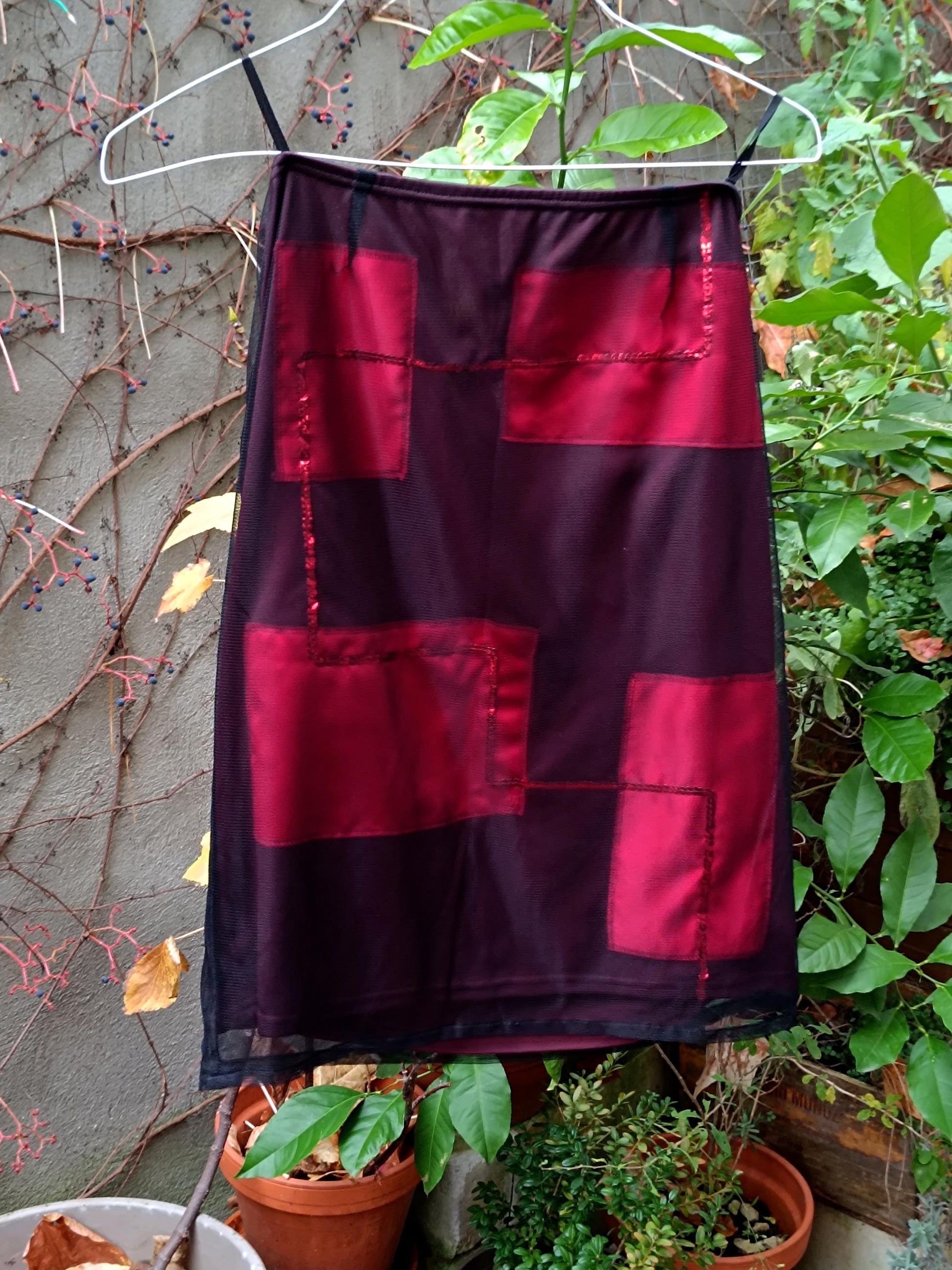 y2k Red Skirt| Vintage Festive Skirt with Geometric and Sheer Details