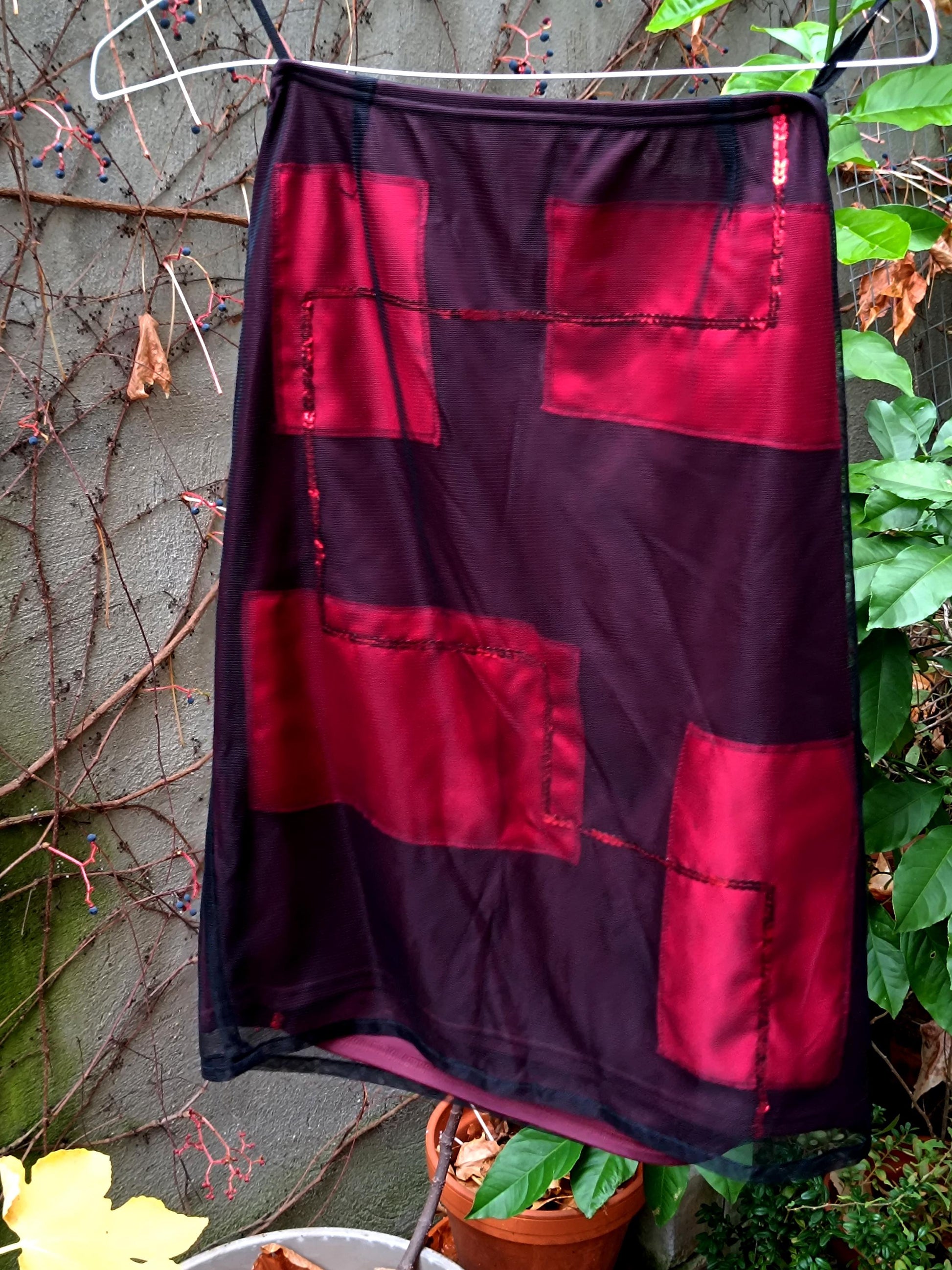 y2k Red Skirt| Vintage Festive Skirt with Geometric and Sheer Details