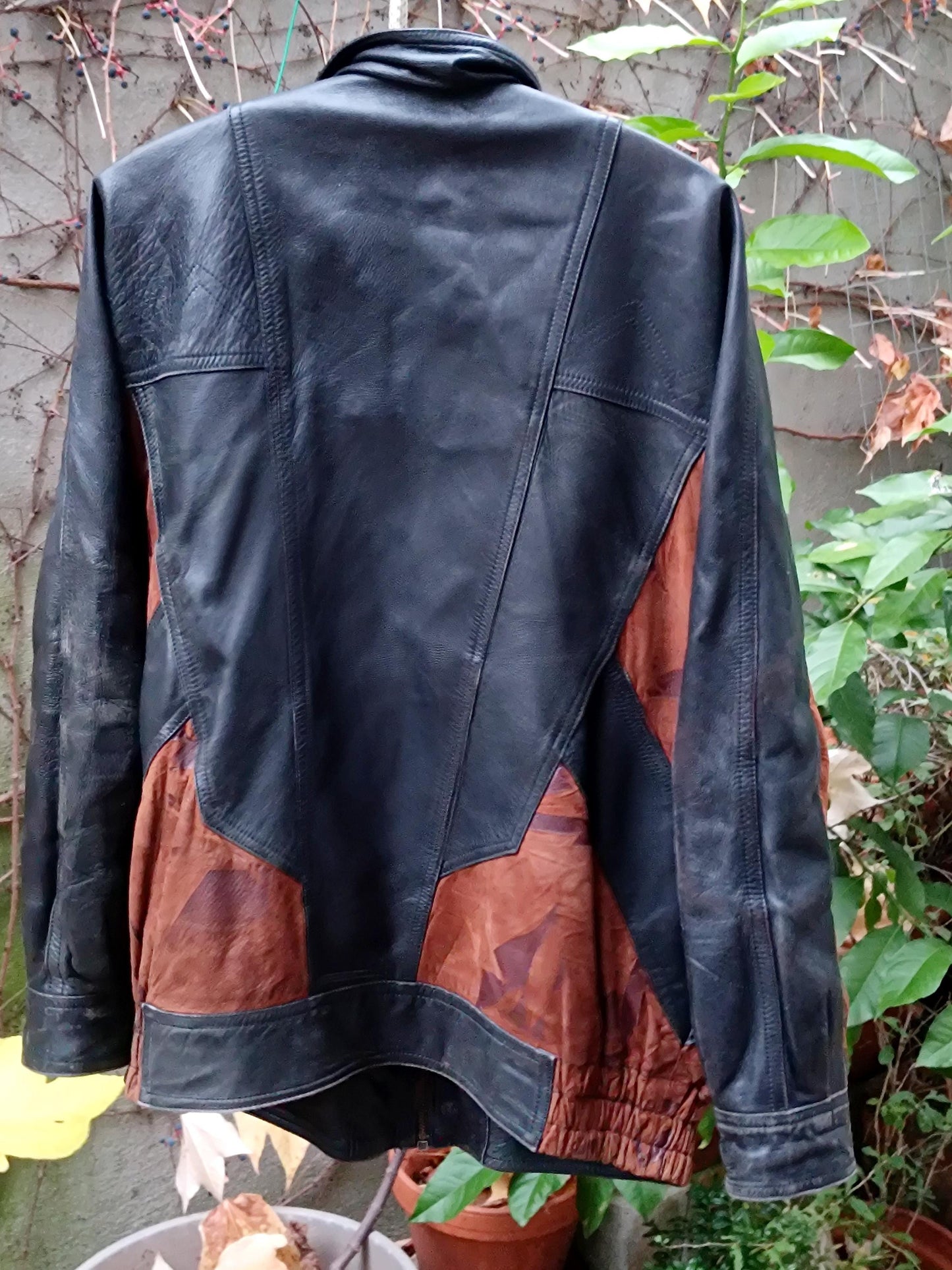 90s Patchwork Leather Jacket| Vintage Black and brown Unisex Oversized Leather Coat| Women's Leather Jacket