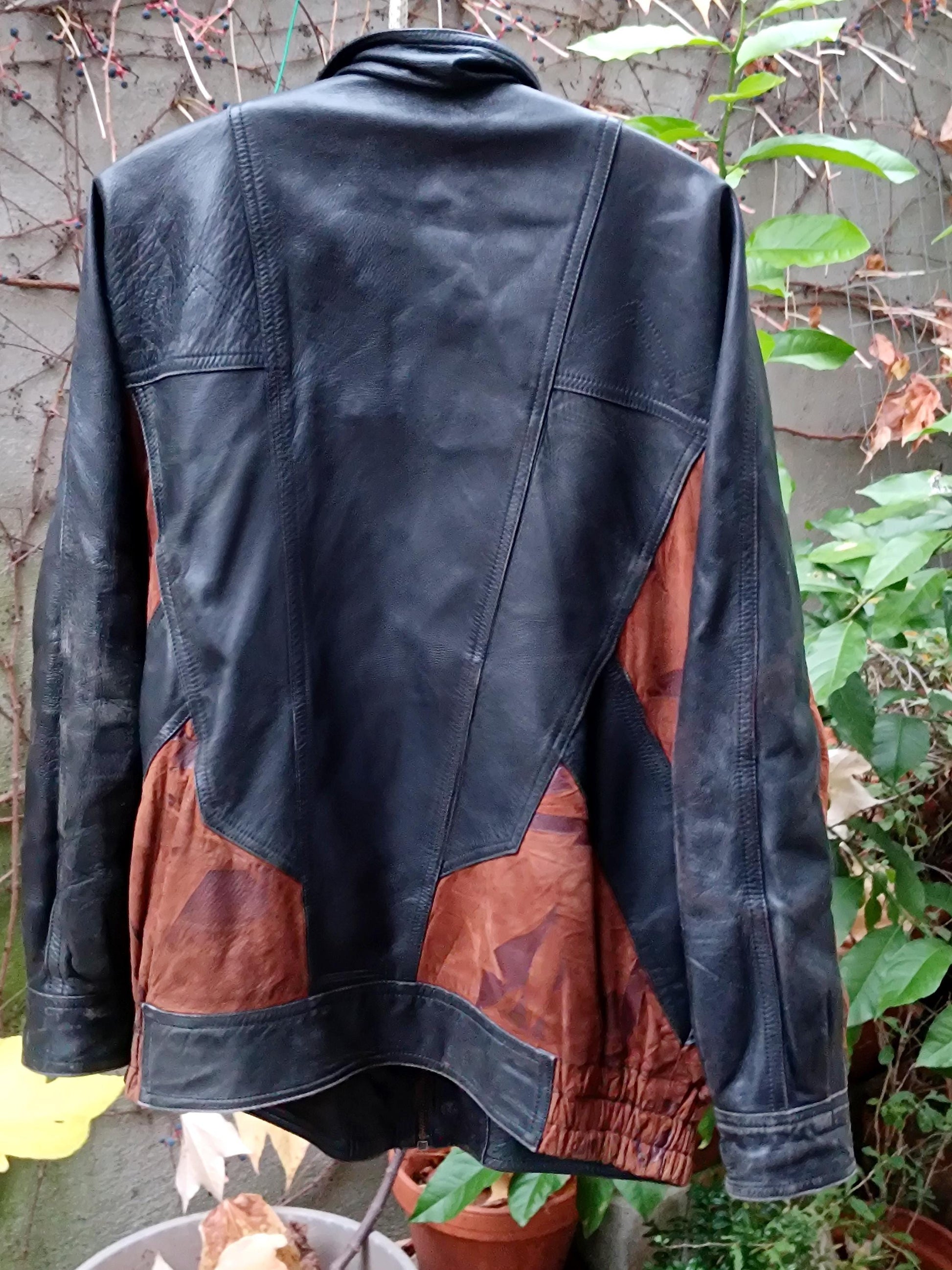 90s Patchwork Leather Jacket| Vintage Black and brown Unisex Oversized Leather Coat| Women's Leather Jacket