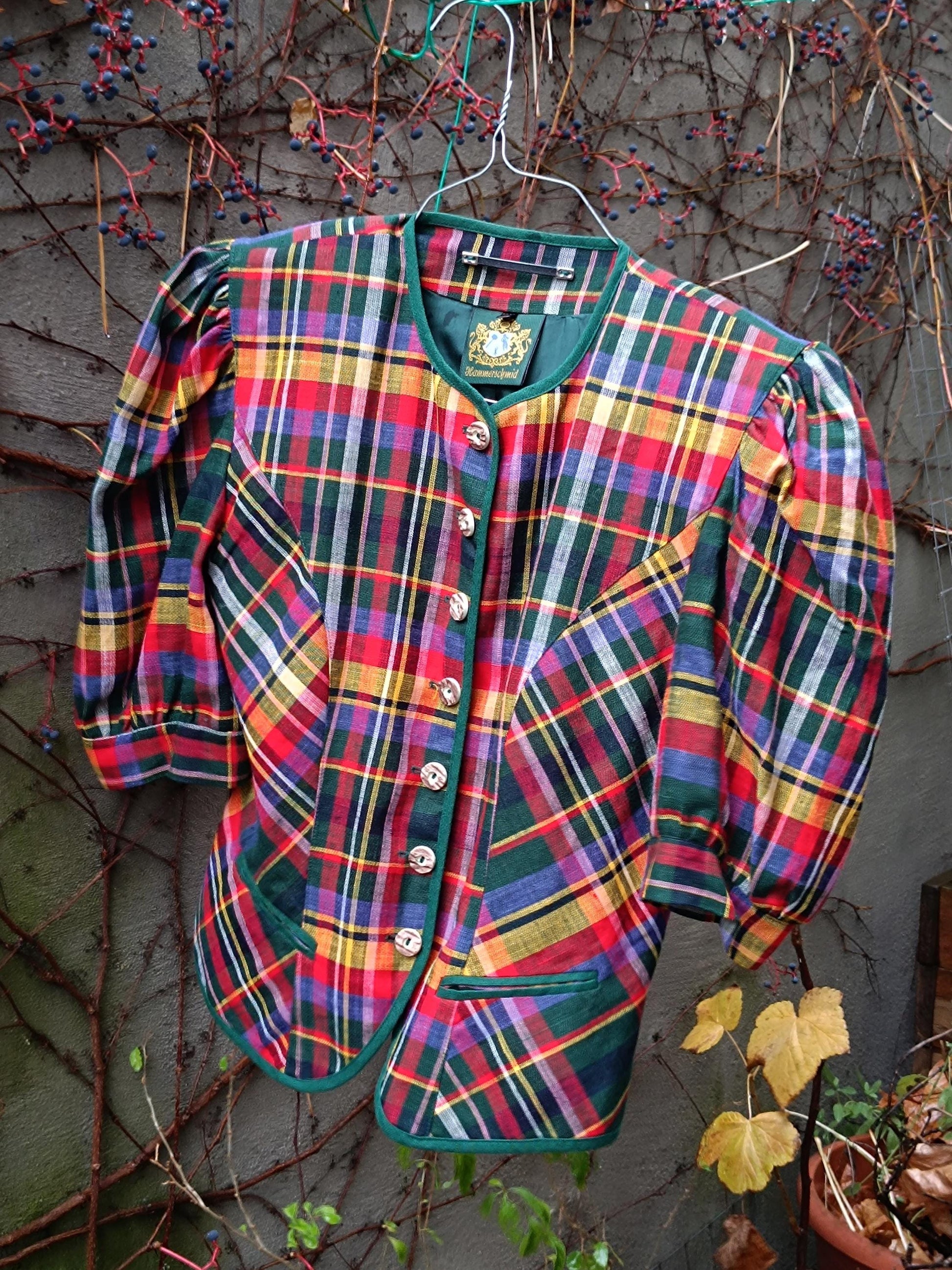 80s Austrian Plaid Blouse| Vintage Tartan Cotton and Linen Statement Festive Top