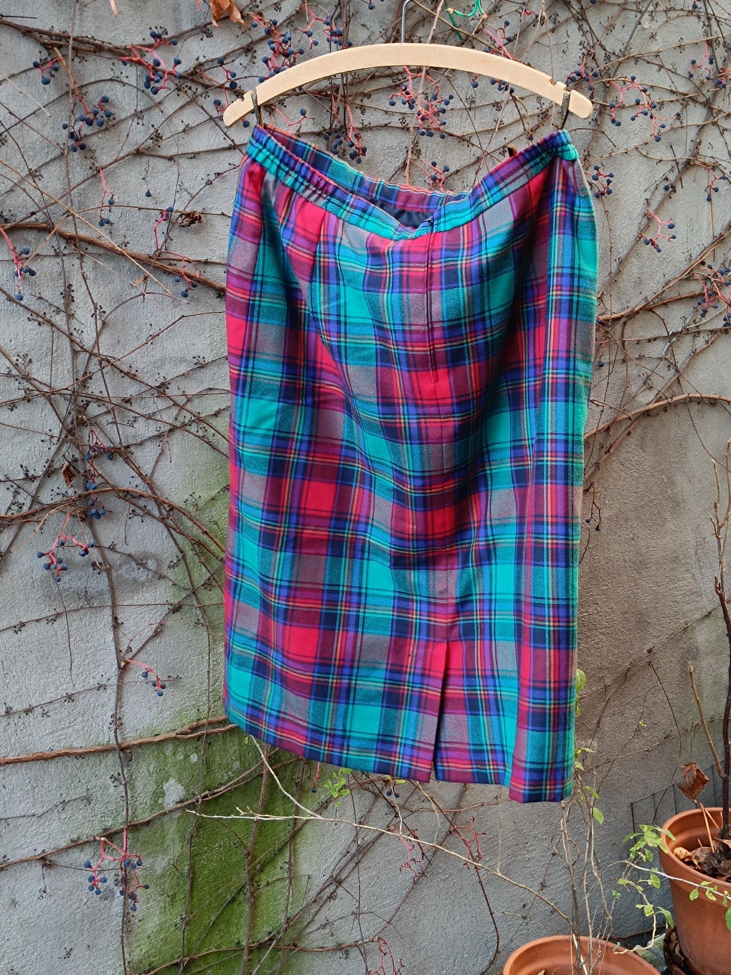 Vintage Tartan Midi Skirt Red Green Blue Plaid Wool Blend A-Line Dark Academia