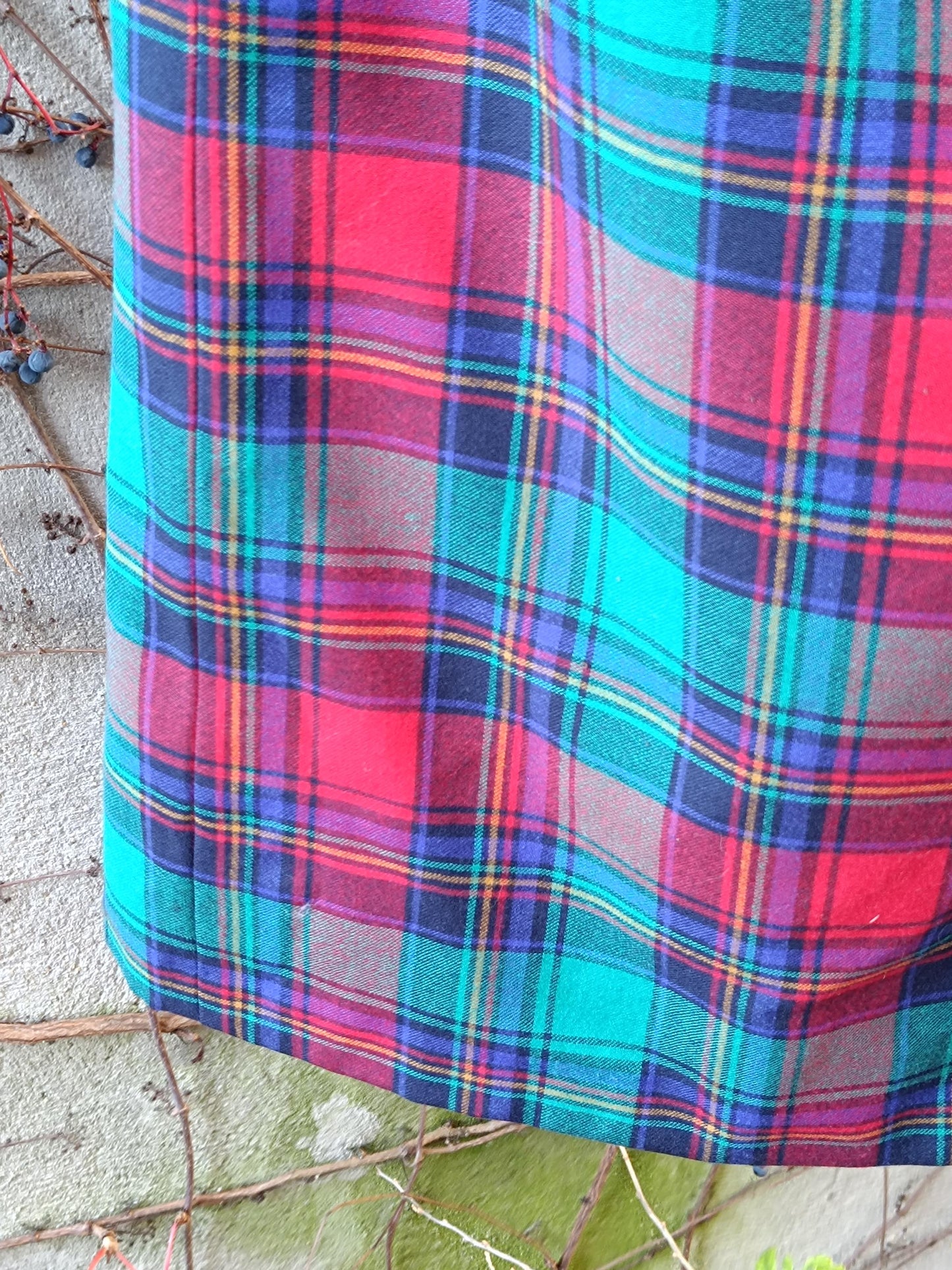Vintage Tartan Midi Skirt Red Green Blue Plaid Wool Blend A-Line Dark Academia