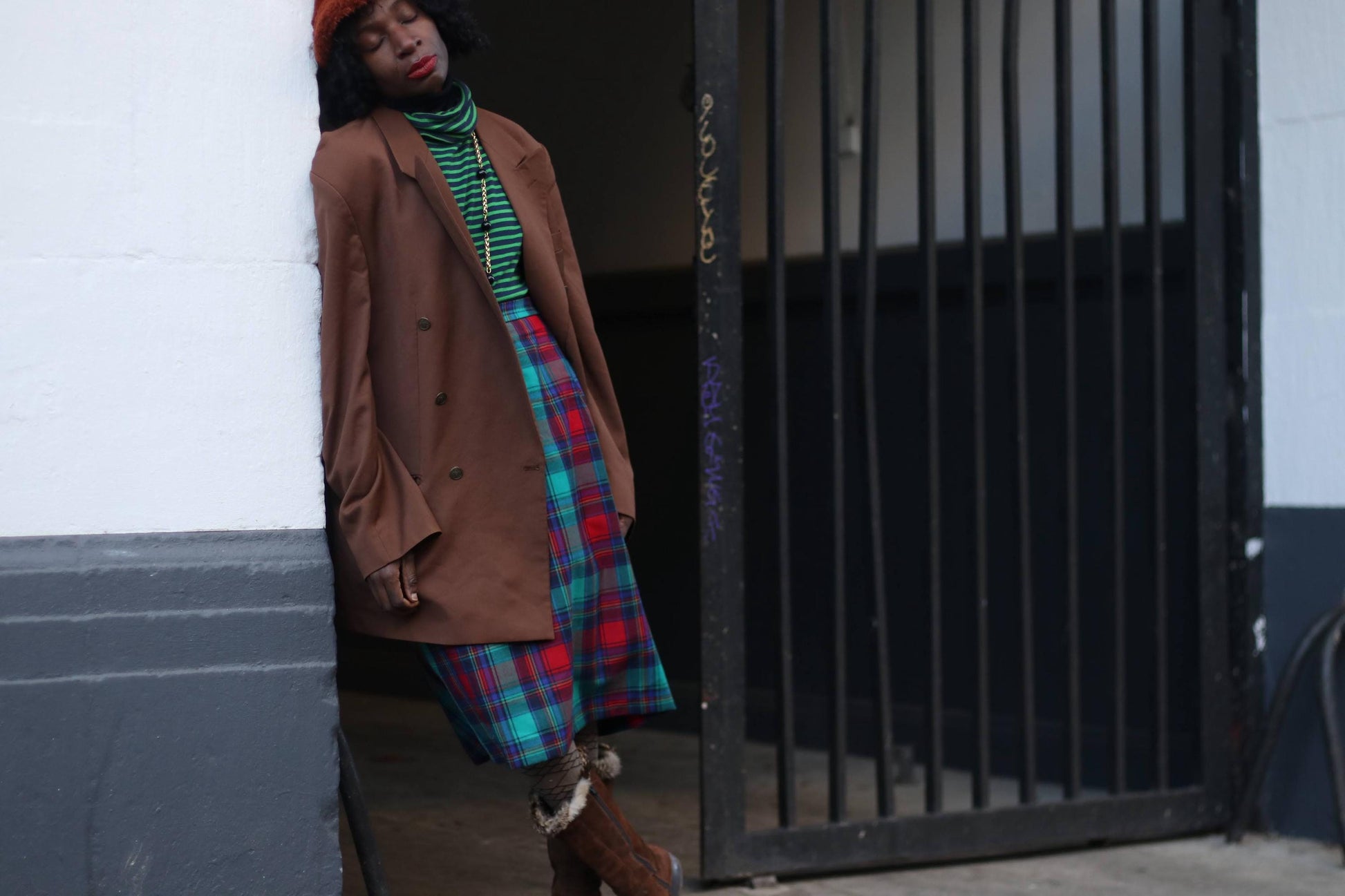 Vintage Tartan Midi Skirt Red Green Blue Plaid Wool Blend A-Line Dark Academia