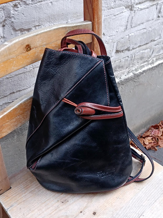 90s Leather Backpack| Vintage Asymmetric Mini Black Bag| Minimalist Women's Bag