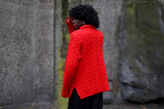 90s Red Turtleneck| Vintage Colorful Women's Knitwear| Vintage long-Sleeved Cable Knit Winter Jumper