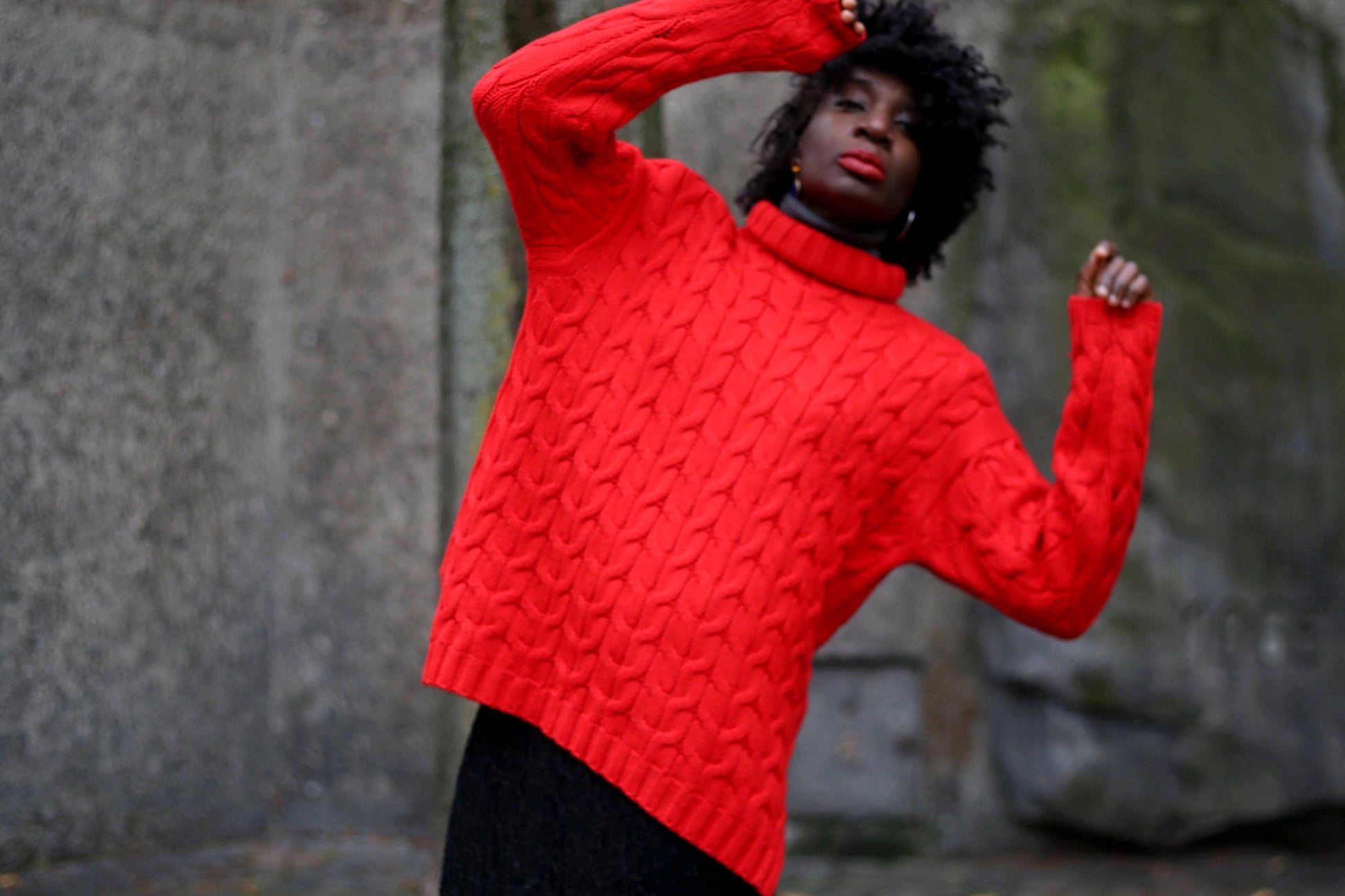 90s Red Turtleneck| Vintage Colorful Women's Knitwear| Vintage long-Sleeved Cable Knit Winter Jumper