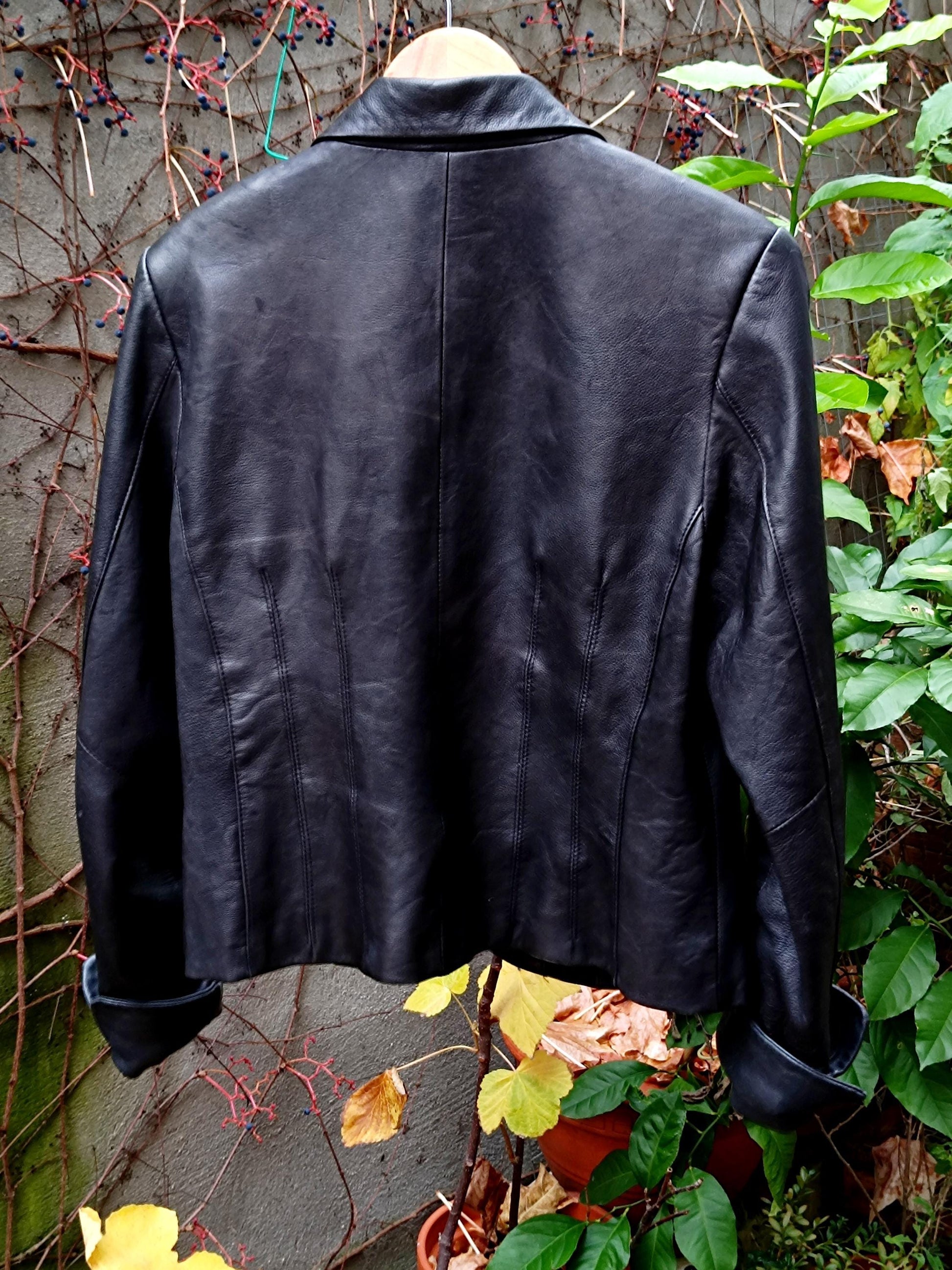 90s Arma Woman Leather Jacket | Vintage Minimalist Black Genuine Leather Jacket| Women's Sleek Leather Blazer