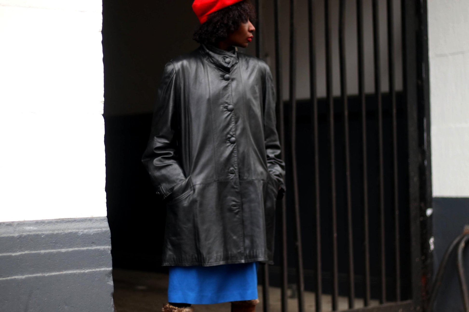 80s Genuine Nappa Leather Jacket | Vintage Women's Black Band Collar Leather Coat| Minimalist leather Trench Coat