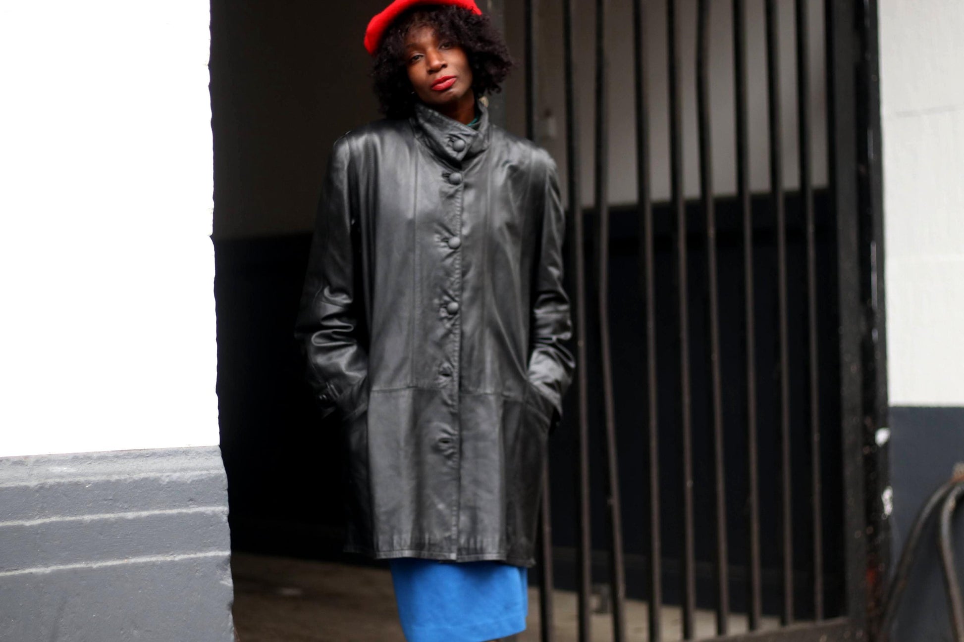80s Genuine Nappa Leather Jacket | Vintage Women's Black Band Collar Leather Coat| Minimalist leather Trench Coat