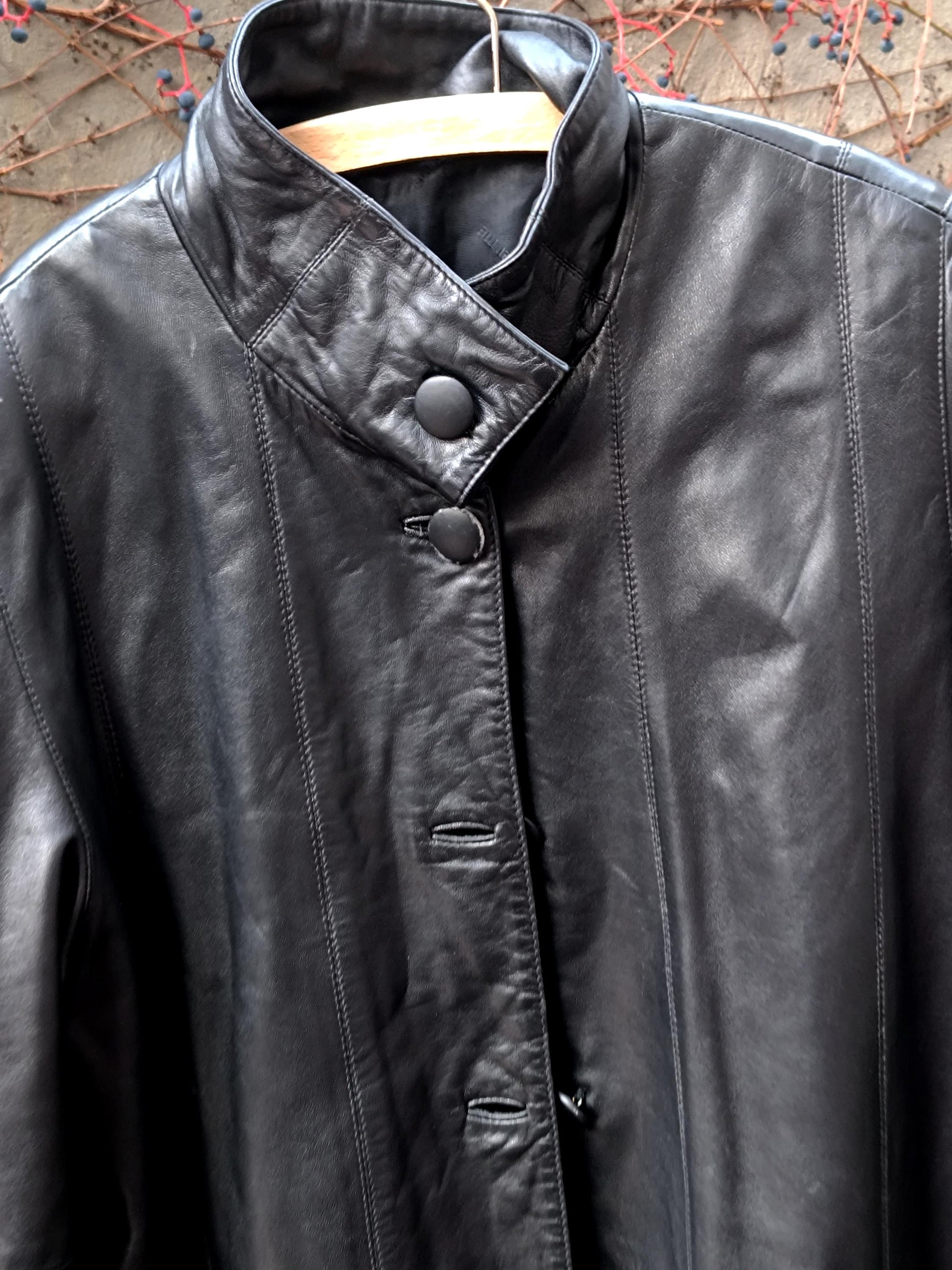80s Genuine Nappa Leather Jacket | Vintage Women's Black Band Collar Leather Coat| Minimalist leather Trench Coat