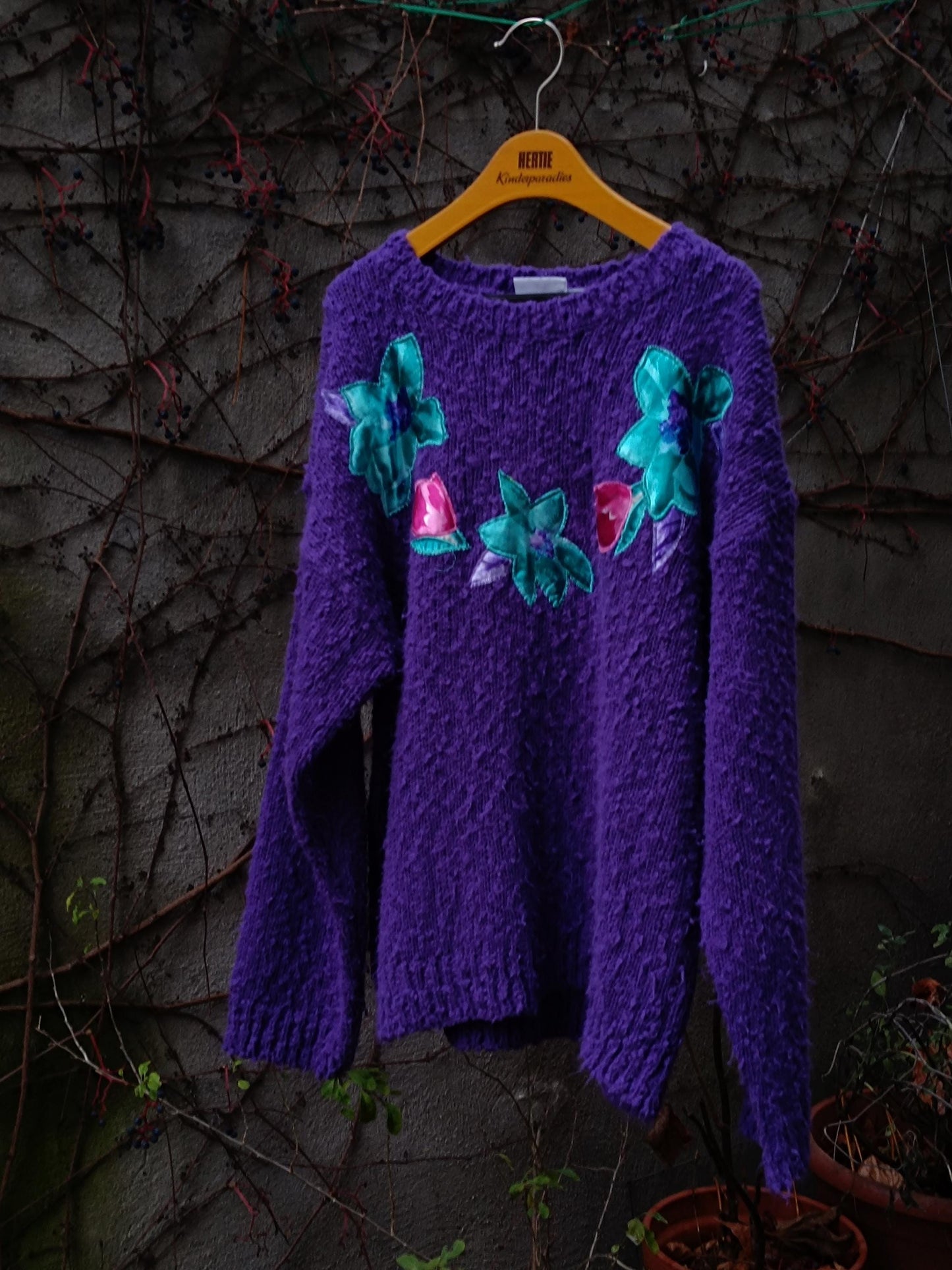 y2k Purple Floral Sweater| Vintage H&M Fuzzy Winter Knit | Women's Winter Pullover with Floral Motif