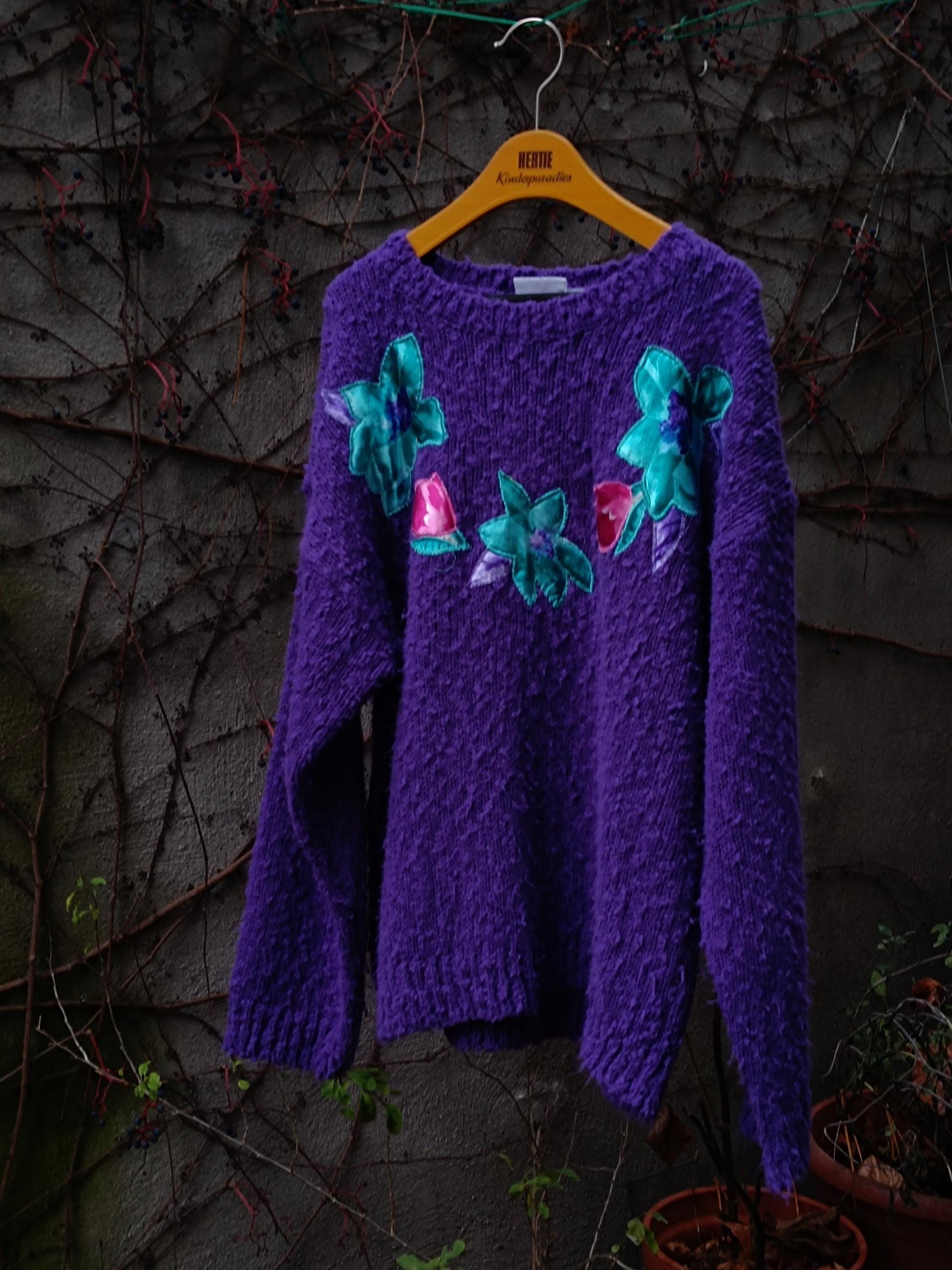 y2k Purple Floral Sweater| Vintage H&M Fuzzy Winter Knit | Women's Winter Pullover with Floral Motif