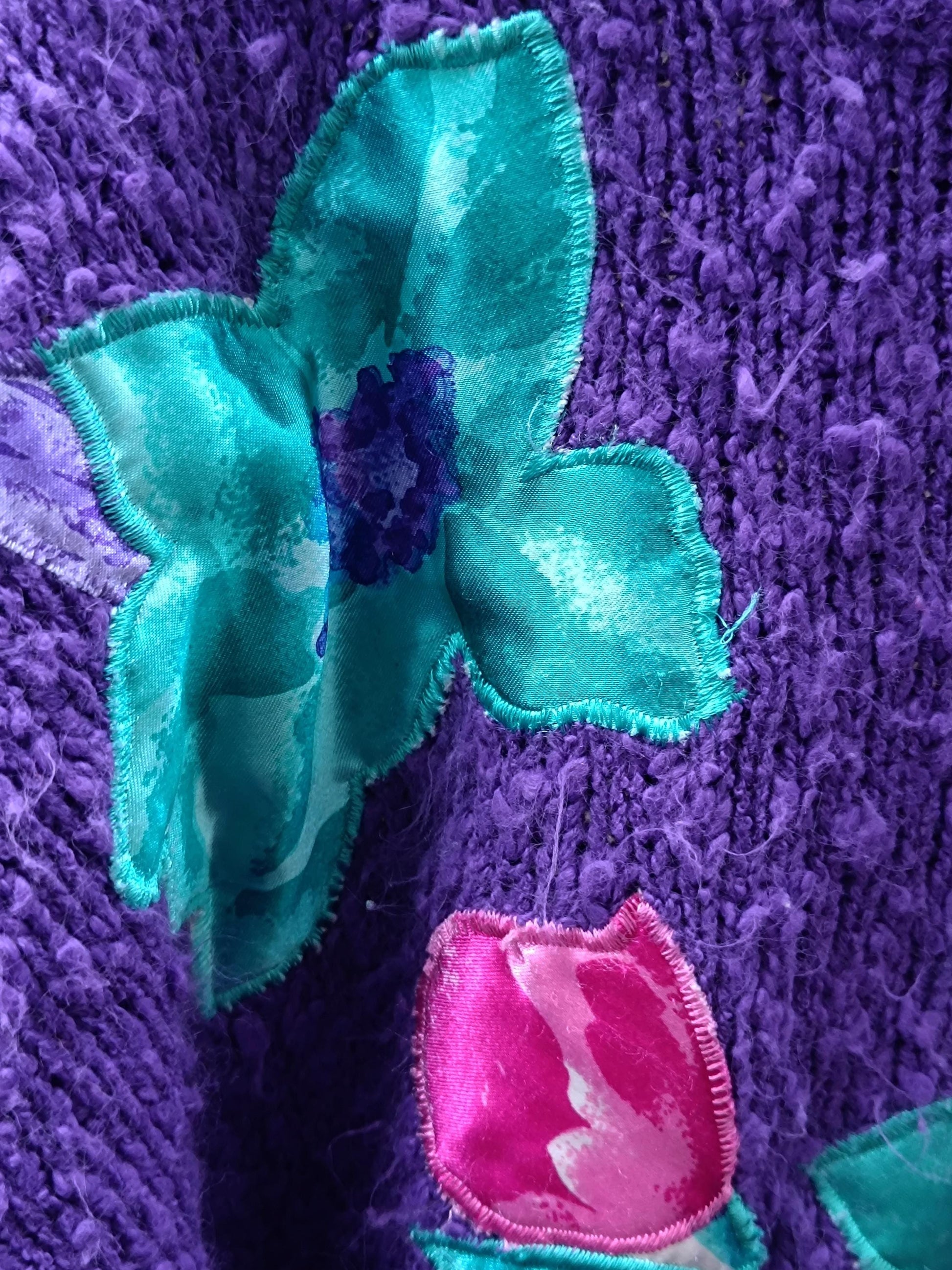 y2k Purple Floral Sweater| Vintage H&M Fuzzy Winter Knit | Women's Winter Pullover with Floral Motif