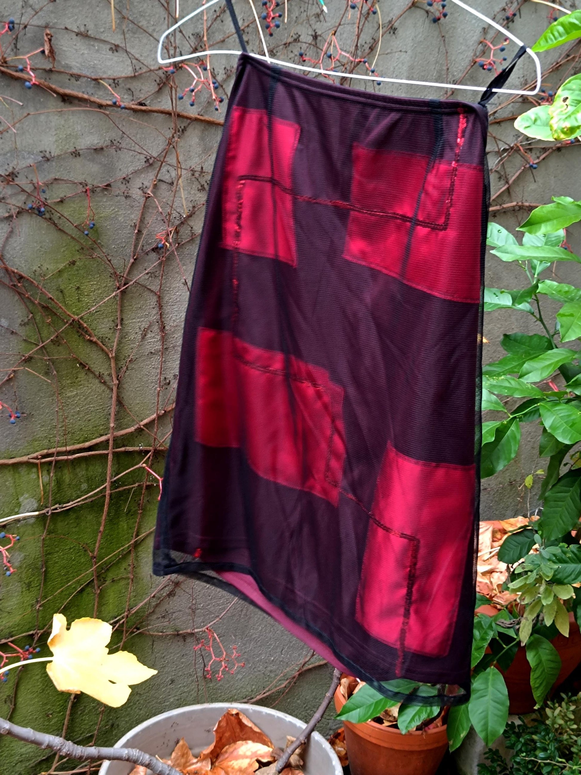 y2k Red Skirt| Vintage Festive Skirt with Geometric and Sheer Details