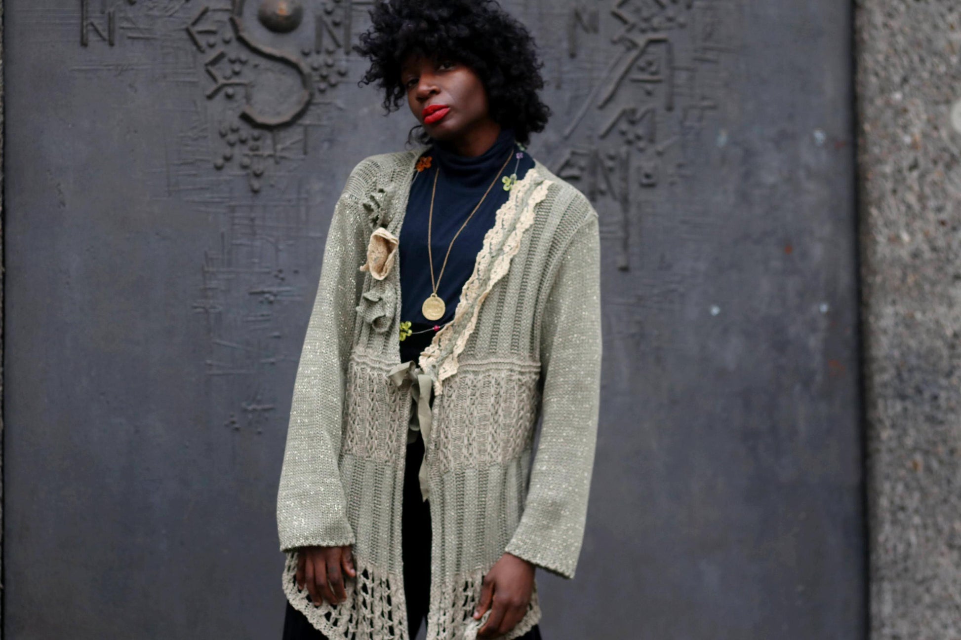 Alex Bargoudian Paris Metallic Cardigan| Vintage Green Boho Festive Sweater| 90s Gold-Tone Shimmery Women's V Neck