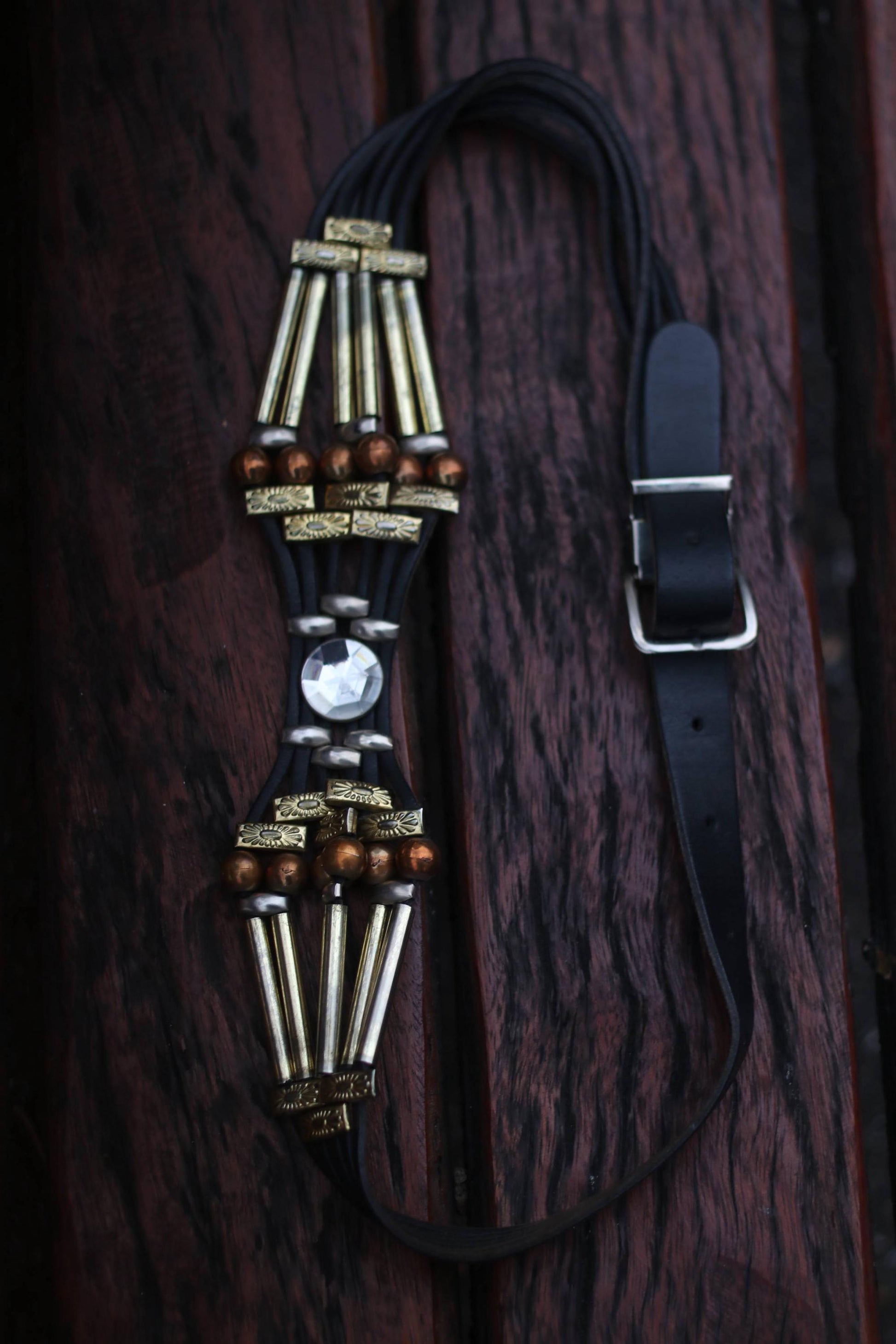 70s Bohemian Belt| Women's Maximalist Black Woven Belt| Hippy Leather and Faux Gem Waist Belt