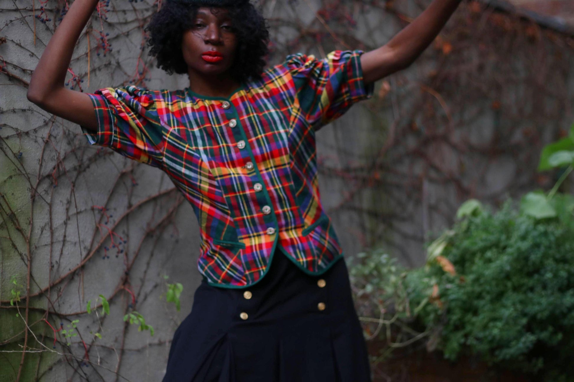 80s Austrian Plaid Blouse| Vintage Tartan Cotton and Linen Statement Festive Top