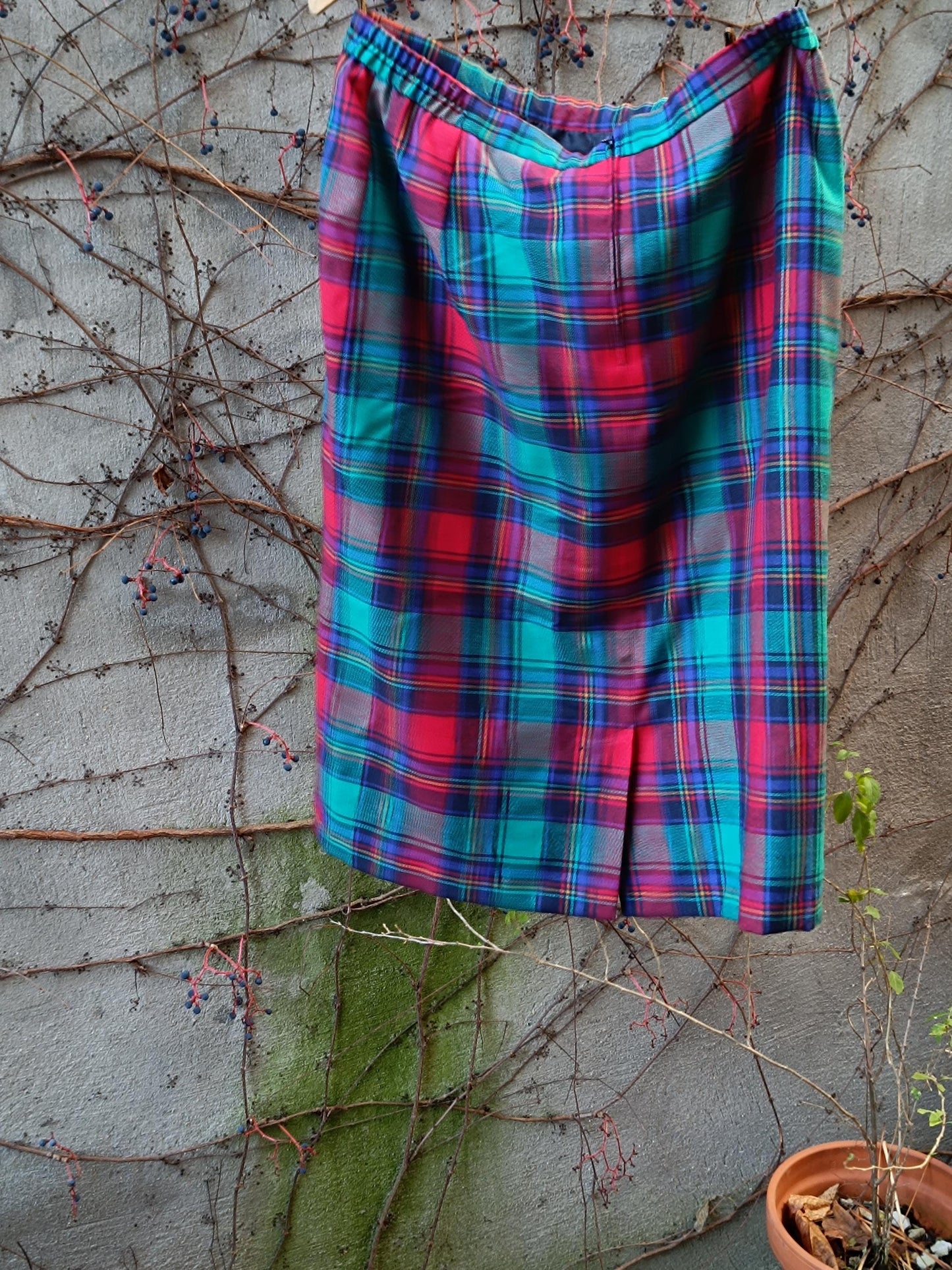 Vintage Tartan Midi Skirt Red Green Blue Plaid Wool Blend A-Line Dark Academia