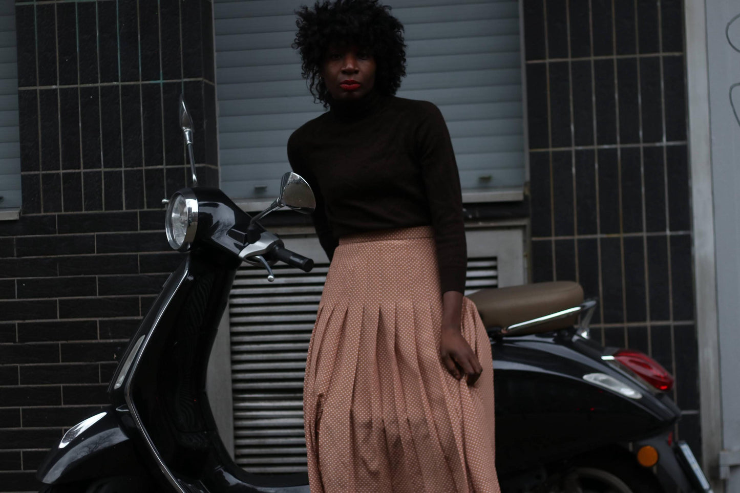 80s Polka Dotted Silk Skirt | Vintage Kuhn Feminine Skirt| Women's Pleated Brown Knee-length Skirt| Minimalist Capsule Wardrobe Design