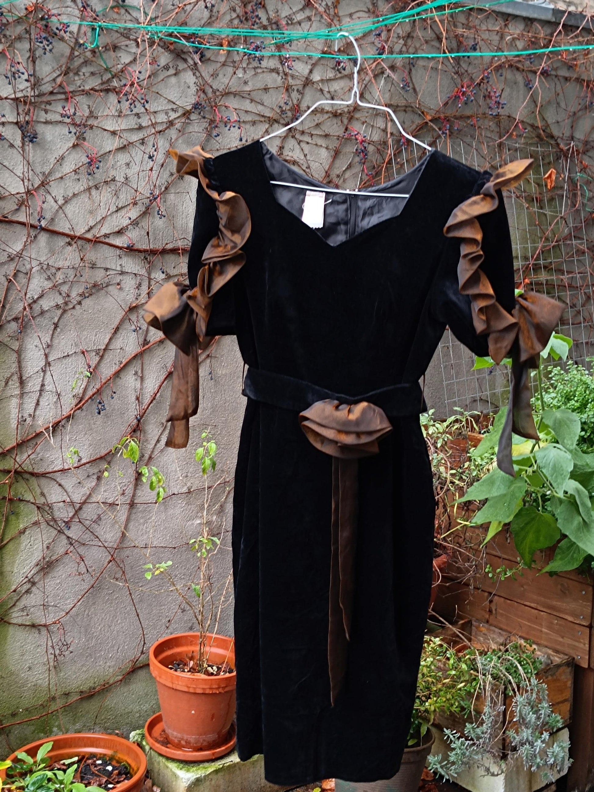 80s Gothic Dress| Vintage Black and Gold Evening Dress with Bows | Opulent Midi Prom Dress with Floral Details Size Small