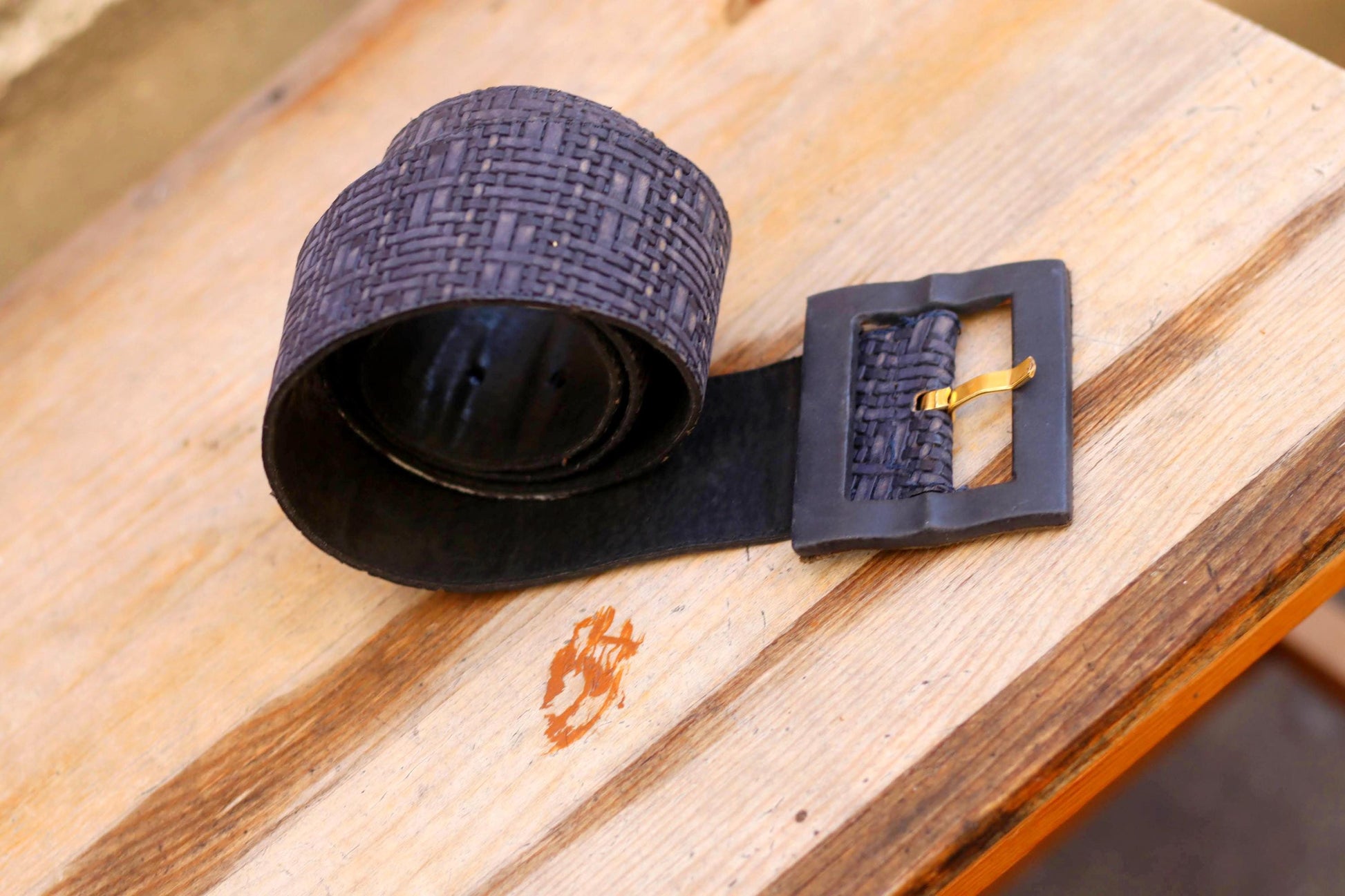 70s Blue Leather Belt with Square Buckle| Women's Vintage Oversized Waist Belt and Woven Optic Finish