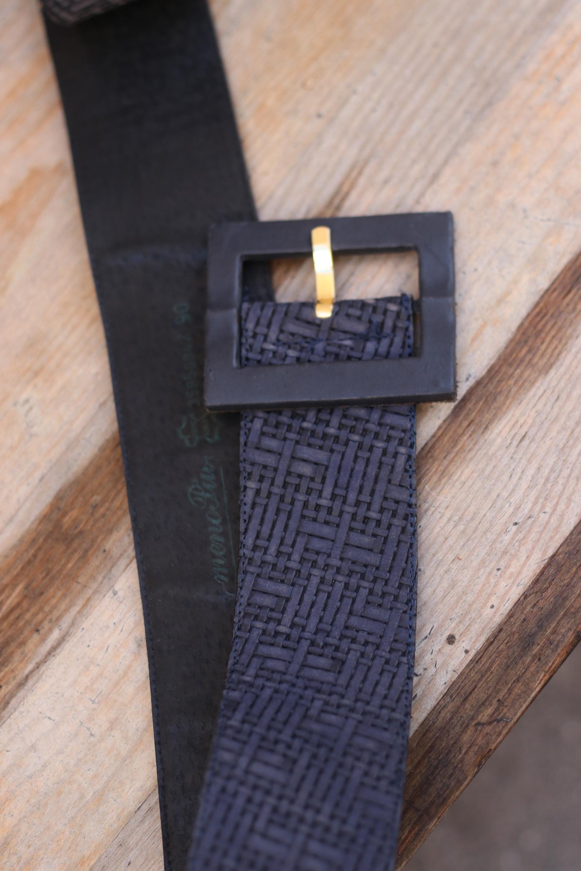 70s Blue Leather Belt with Square Buckle| Women's Vintage Oversized Waist Belt and Woven Optic Finish