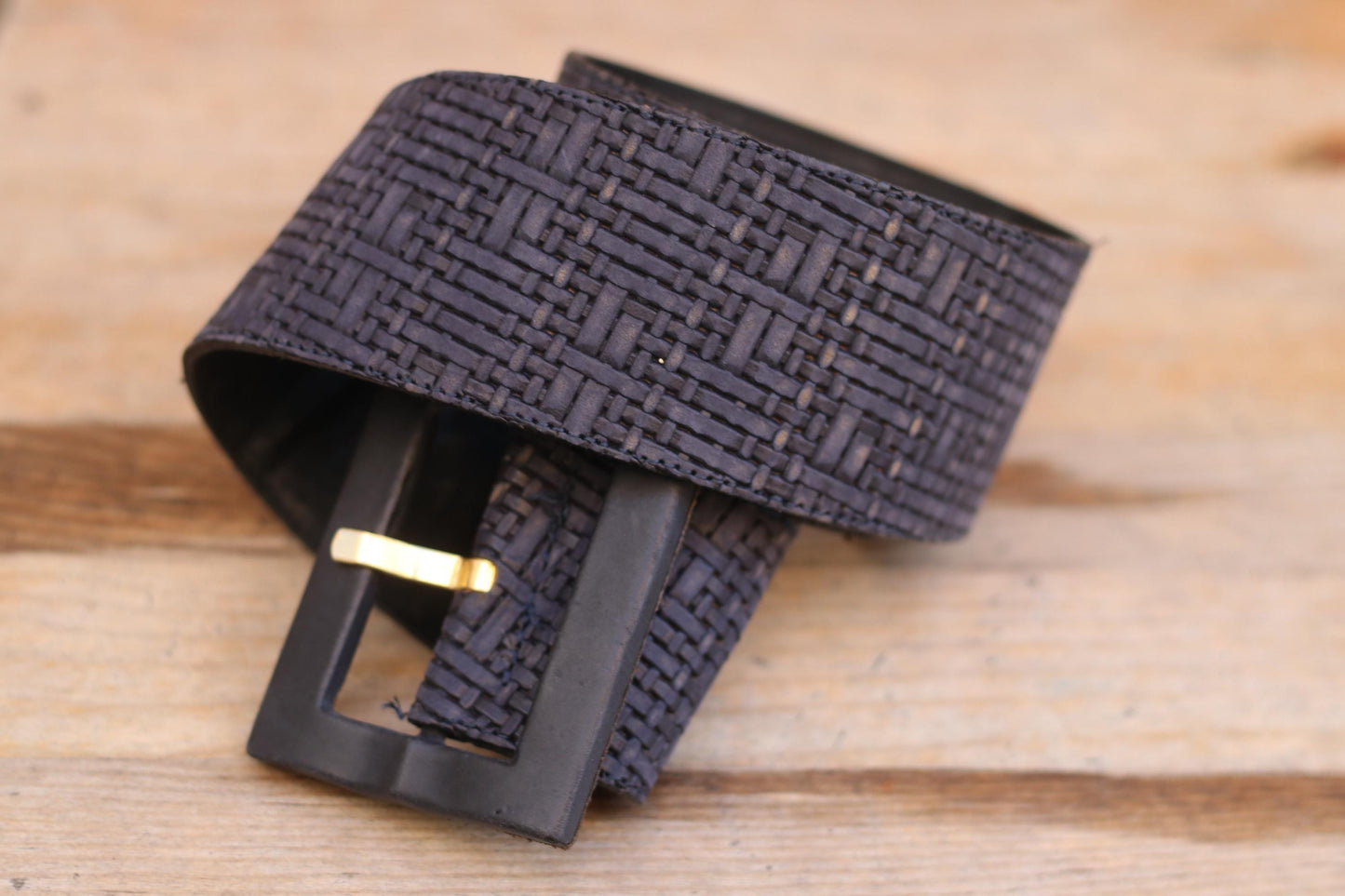 70s Blue Leather Belt with Square Buckle| Women's Vintage Oversized Waist Belt and Woven Optic Finish