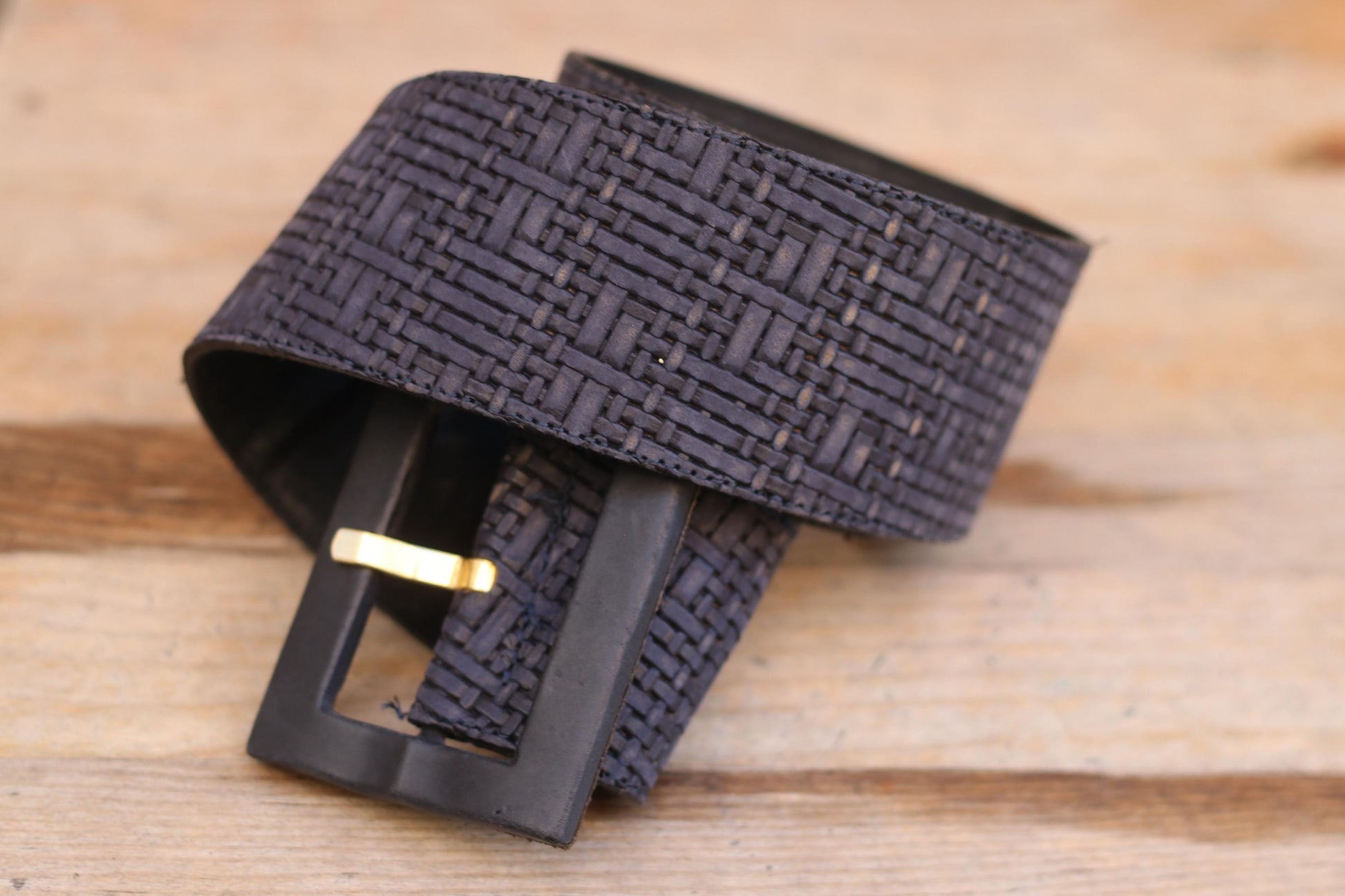 70s Blue Leather Belt with Square Buckle| Women's Vintage Oversized Waist Belt and Woven Optic Finish